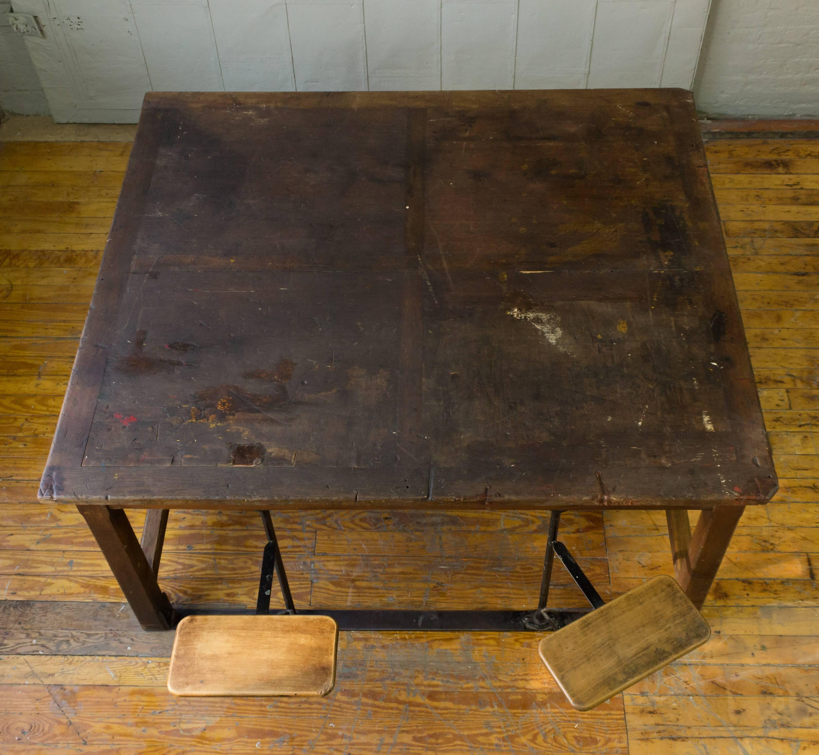 Large French Industrial Table with Swing Out Attached Seats 2