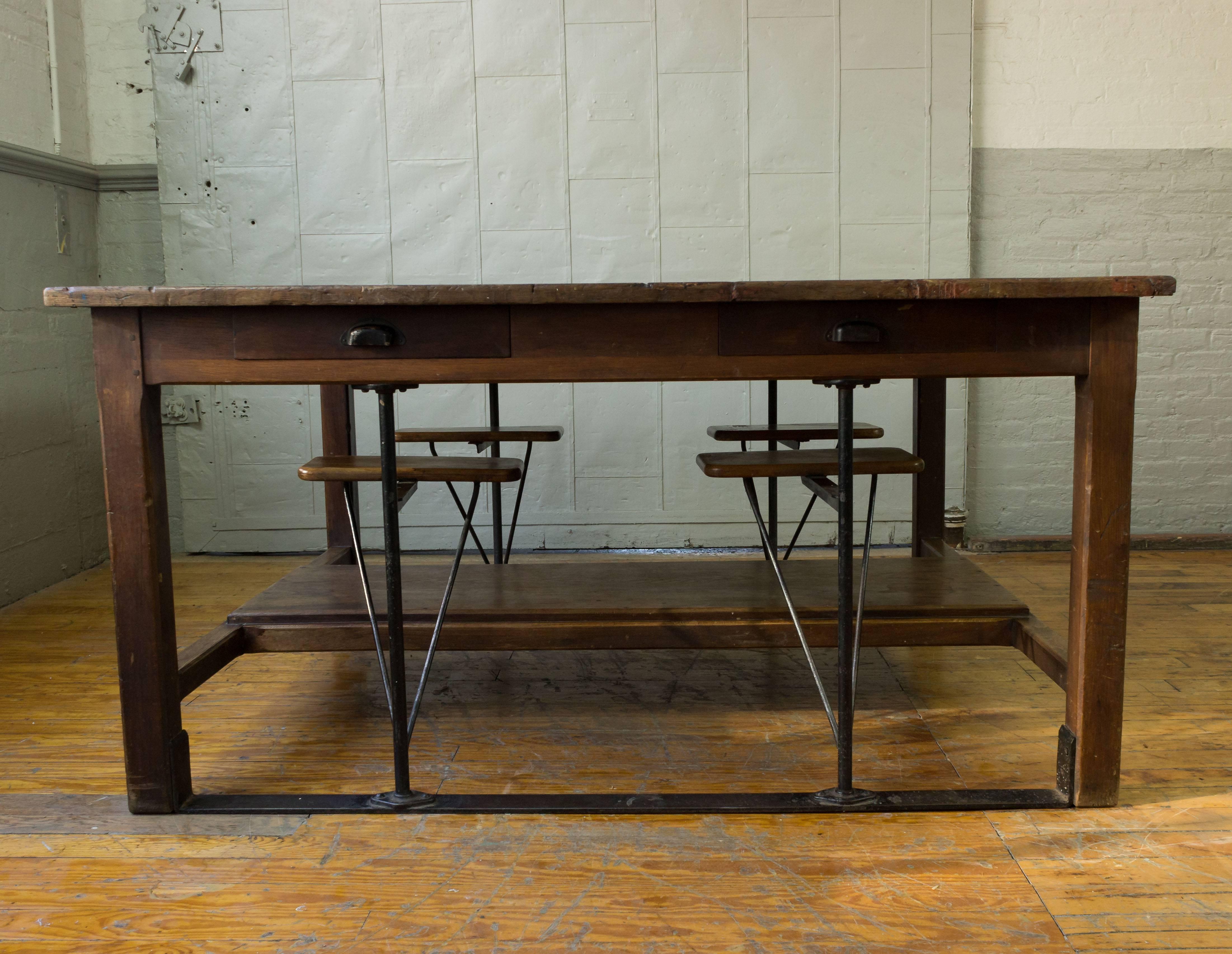 Oak Large French Industrial Table with Swing Out Attached Seats