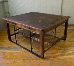 Large French Industrial Table with Swing Out Attached Seats