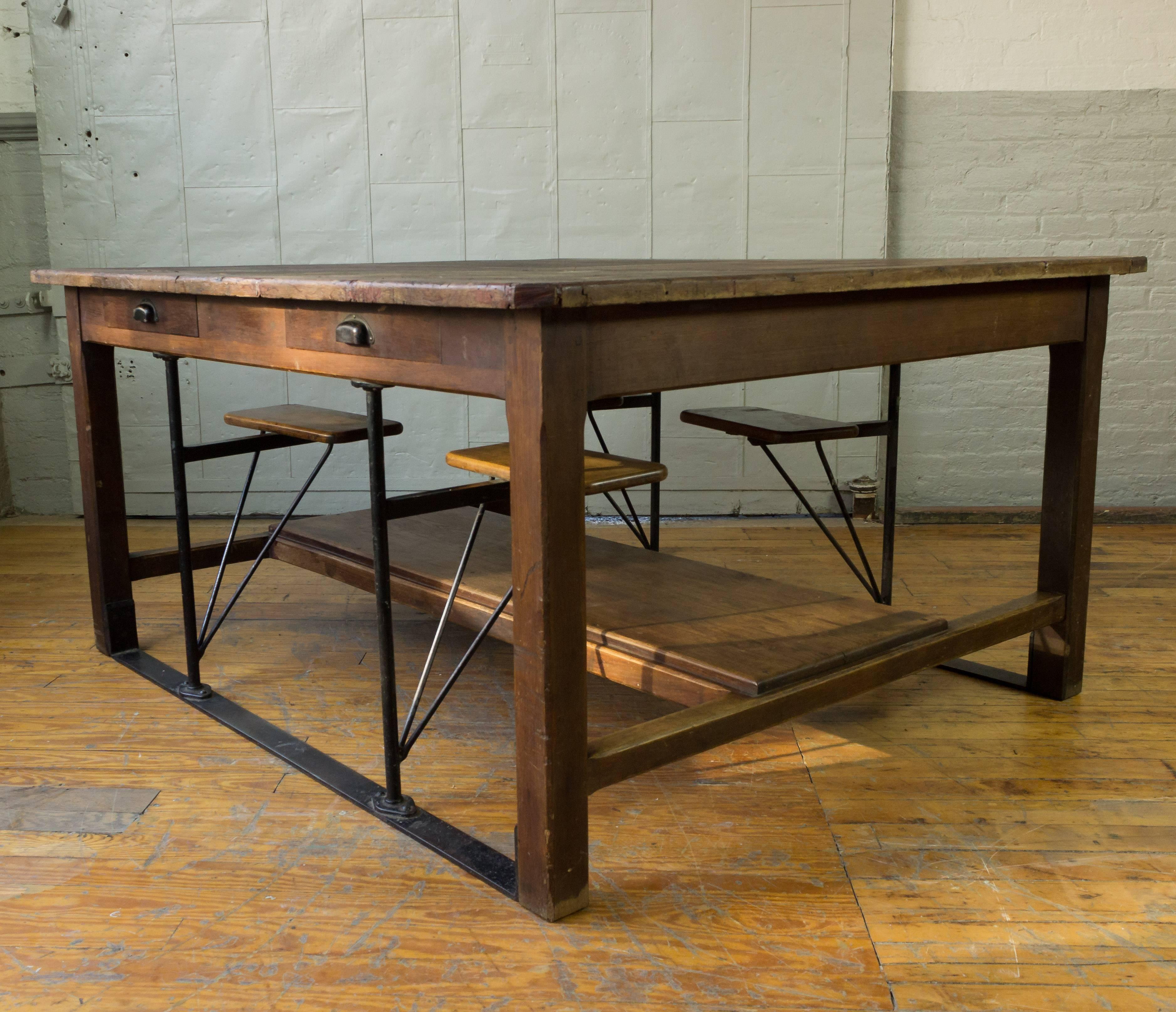 Large French Industrial Table with Swing Out Attached Seats 3