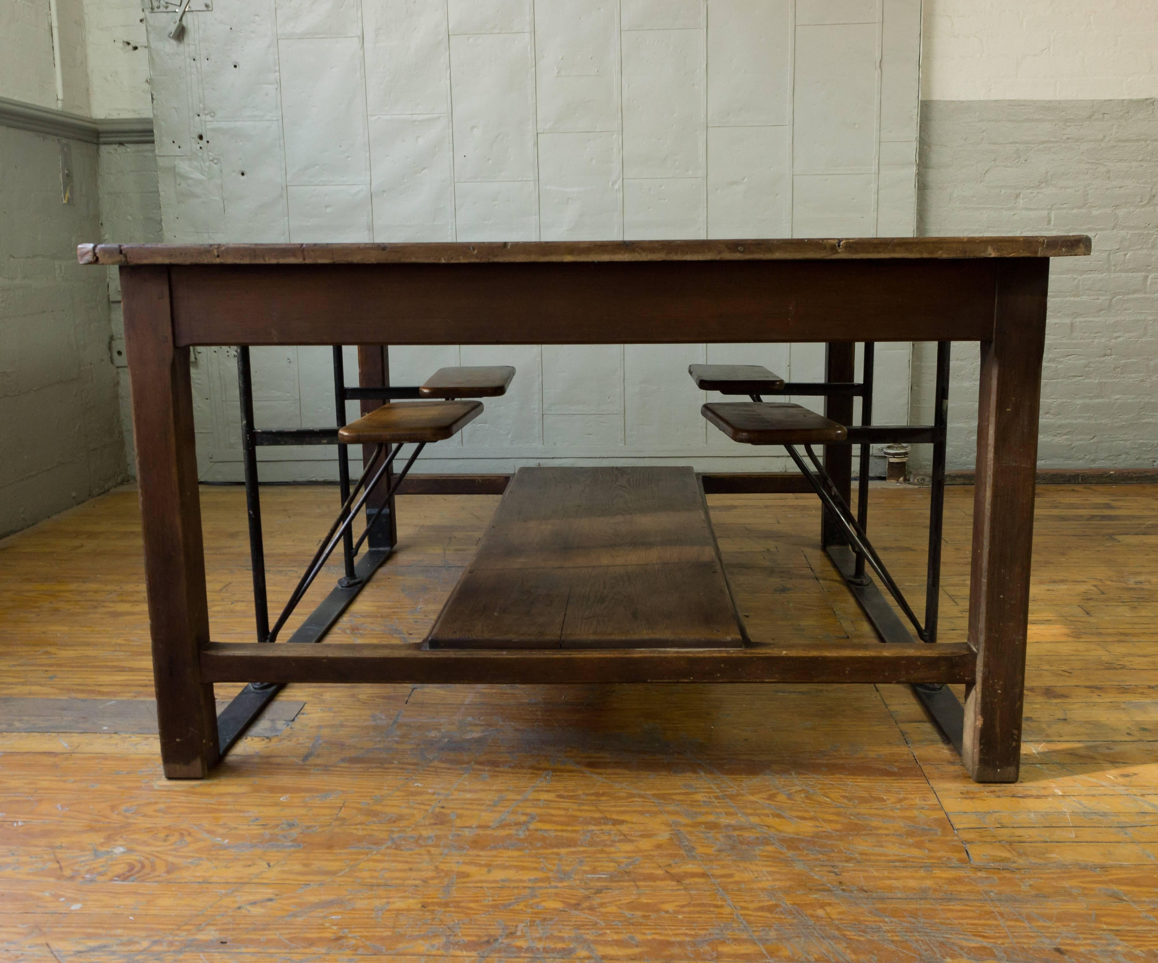 Large French Industrial Table with Swing Out Attached Seats 4