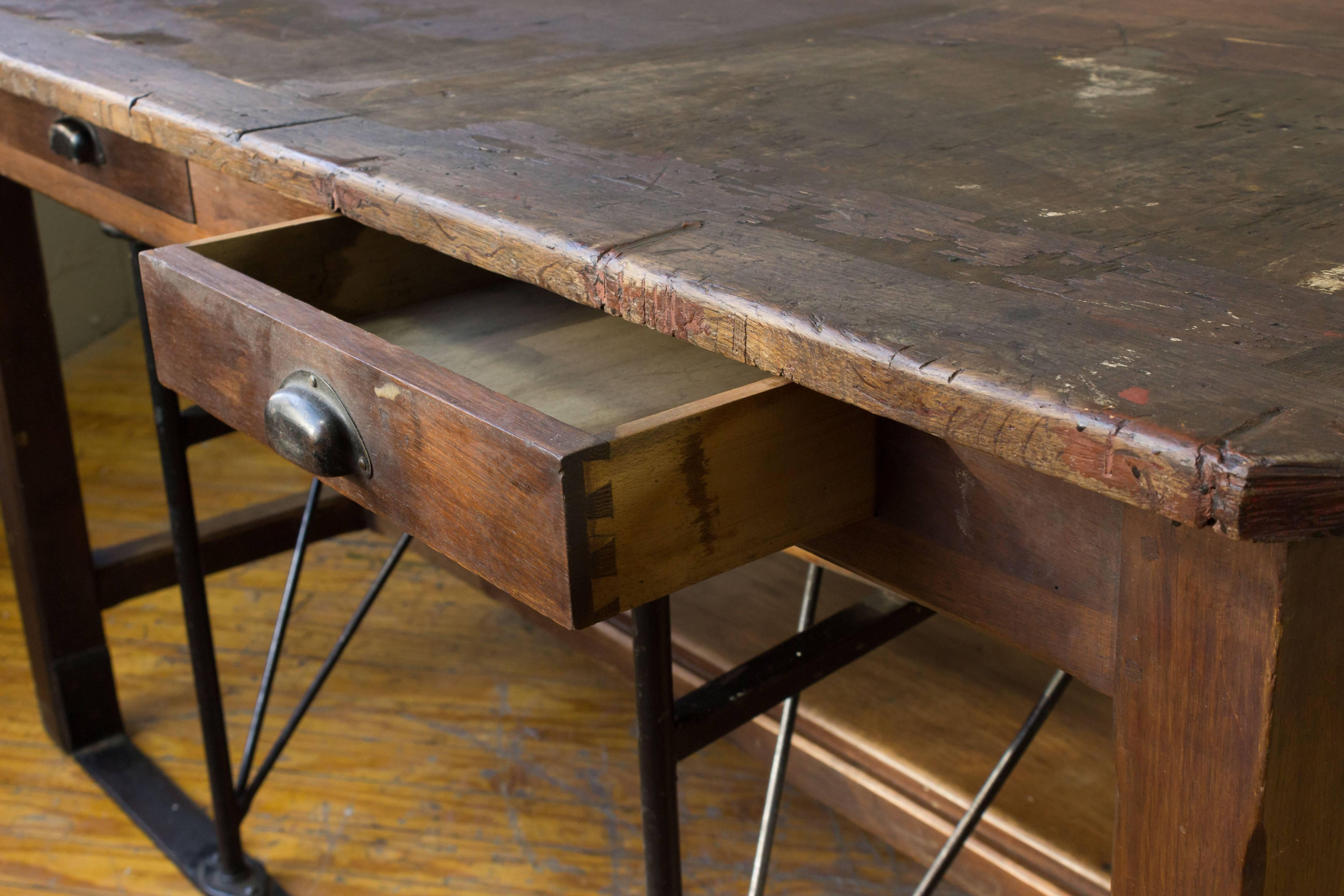 20th Century Large French Industrial Table with Swing Out Attached Seats