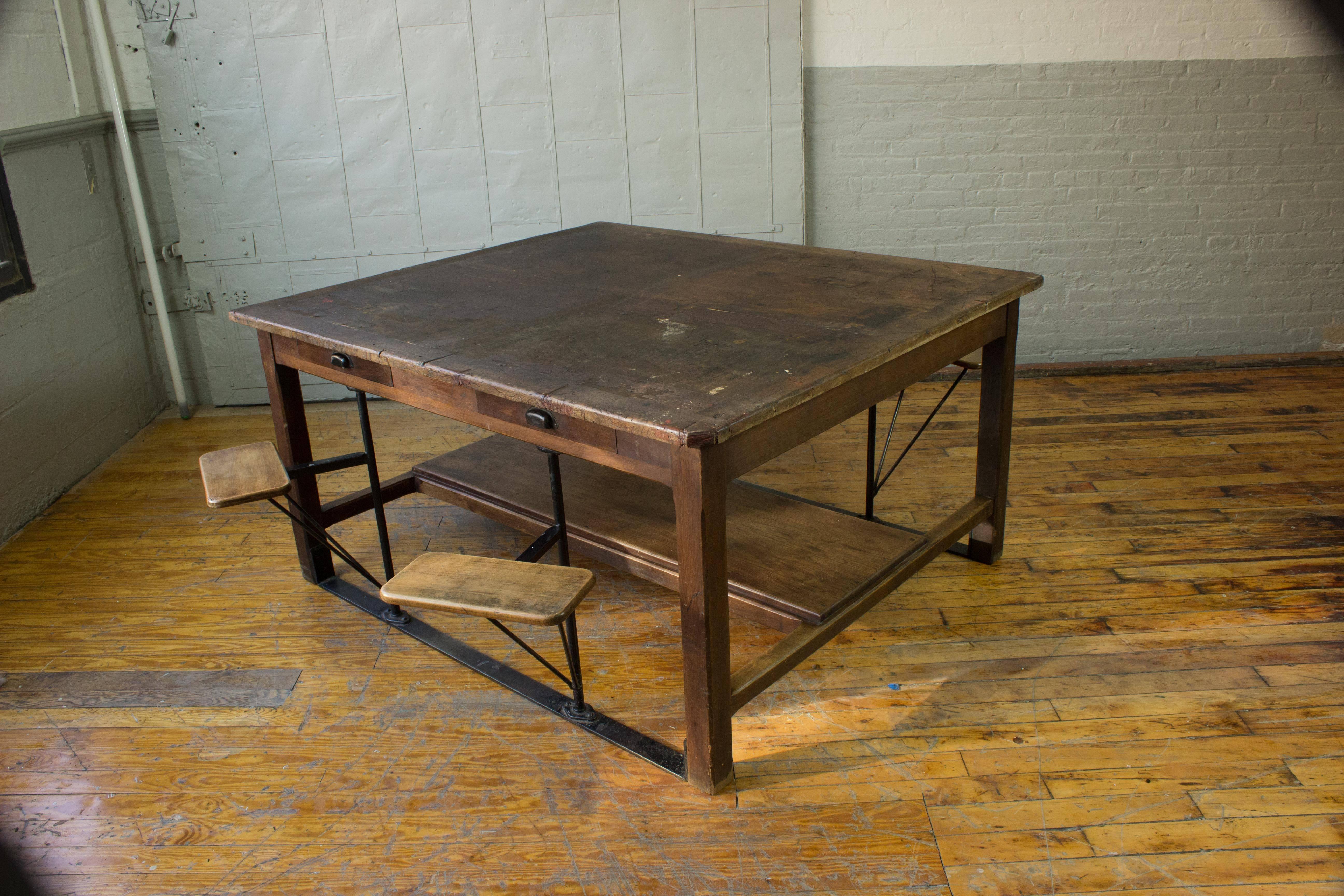 Large French Industrial Table with Swing Out Attached Seats 5