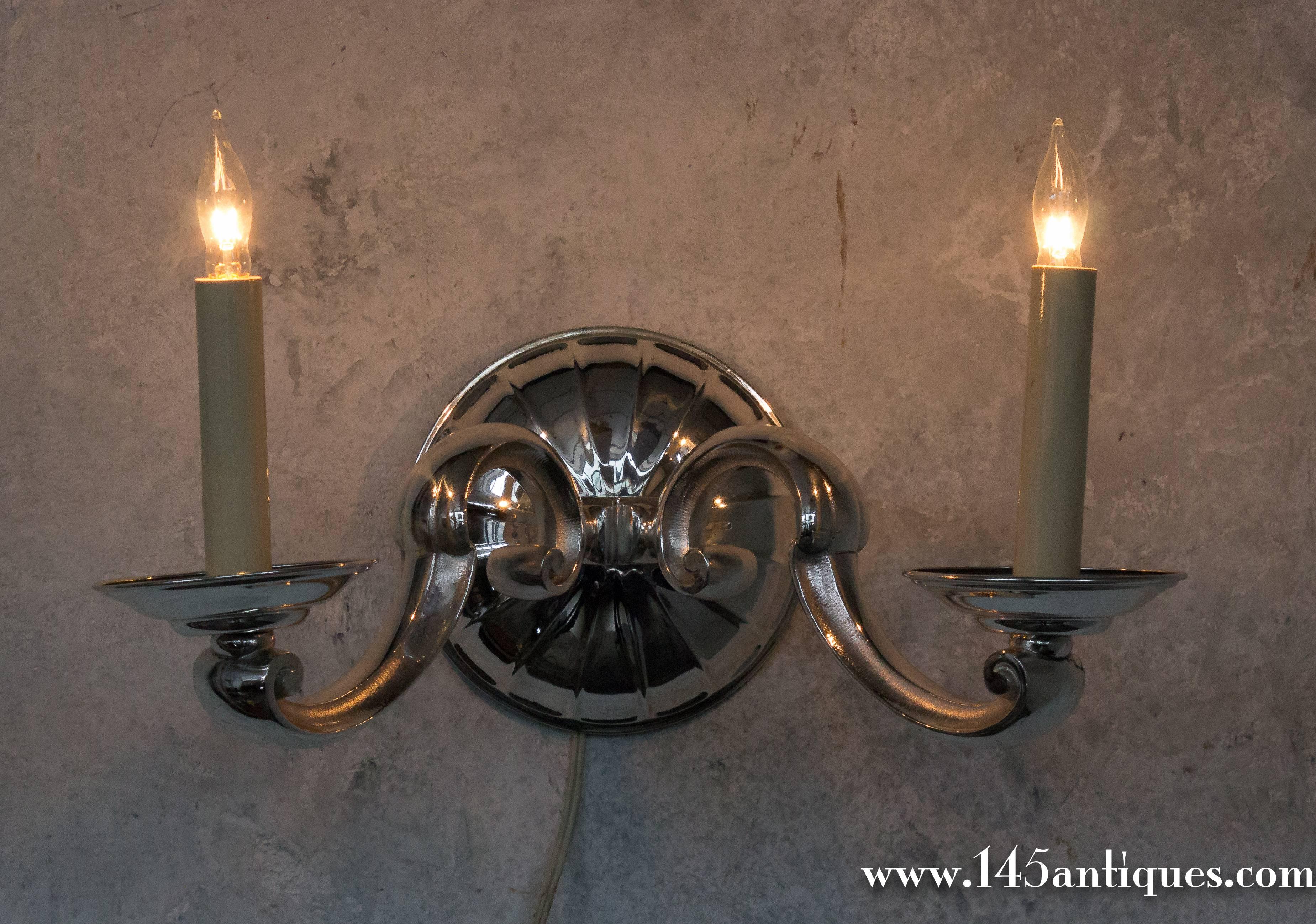 Plated Pair of French 1940's Nickel Wall Sconces