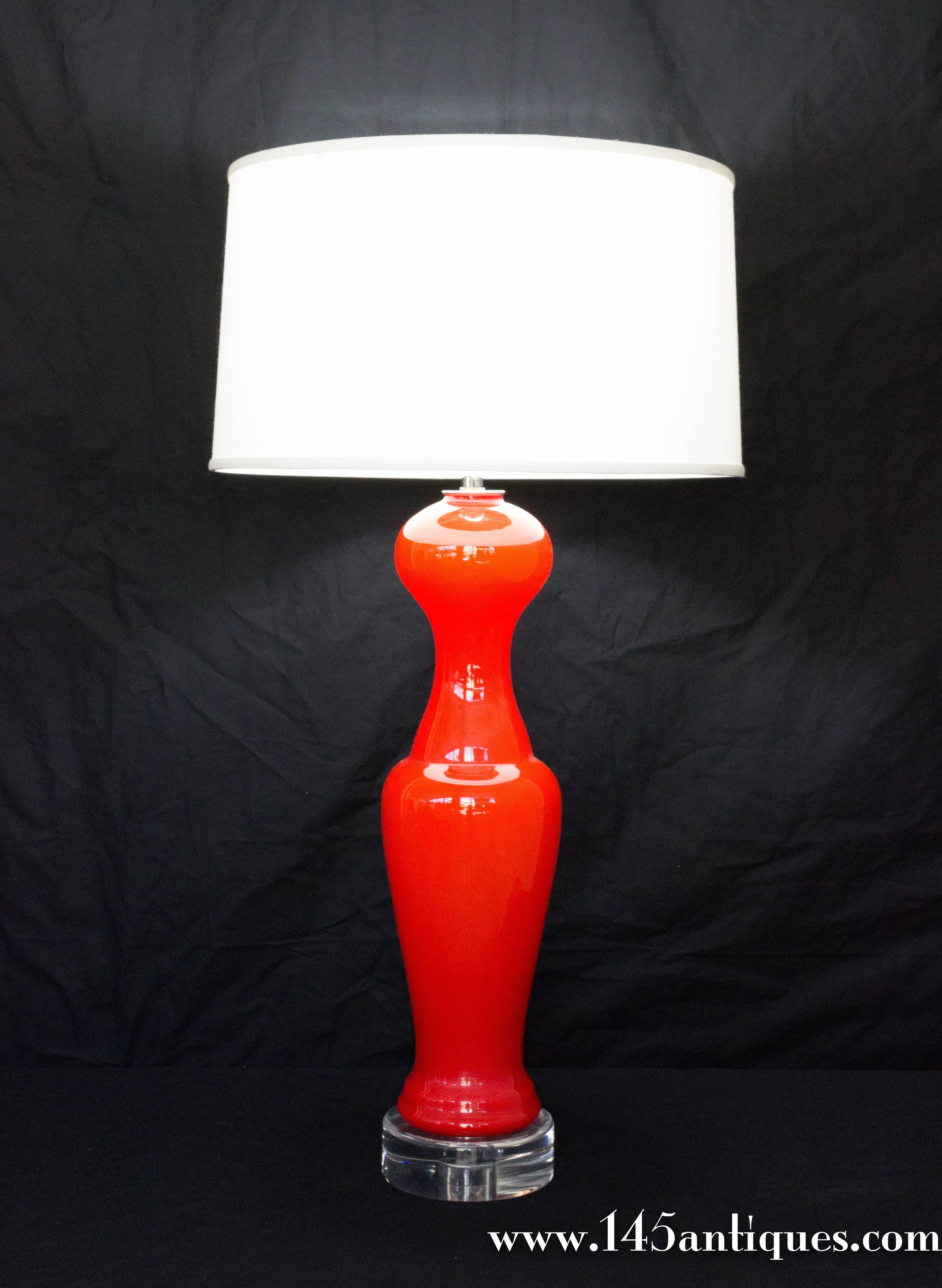 Pair of Murano Tangerine Colored Opaline Glass Lamps For Sale 2