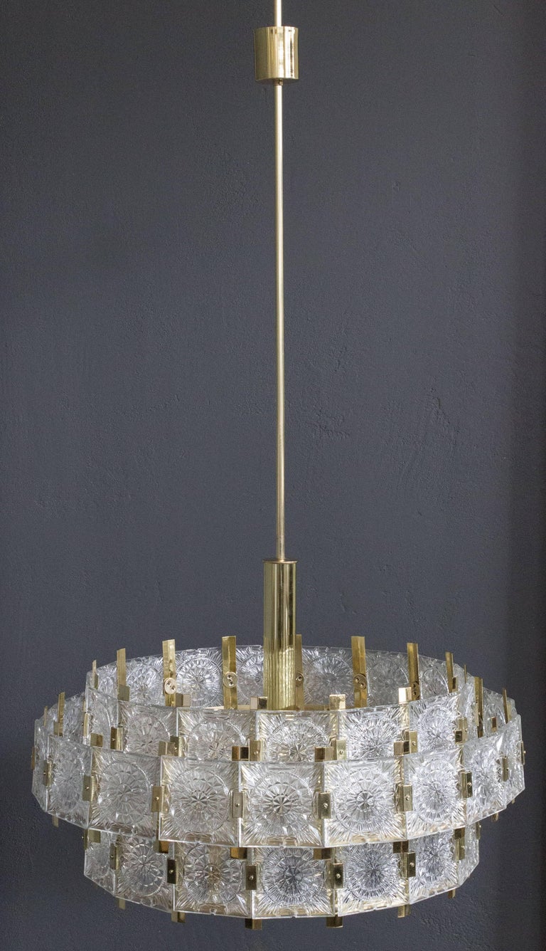 French MidCentury Modern Brass Chandelier with Glass at 1stDibs