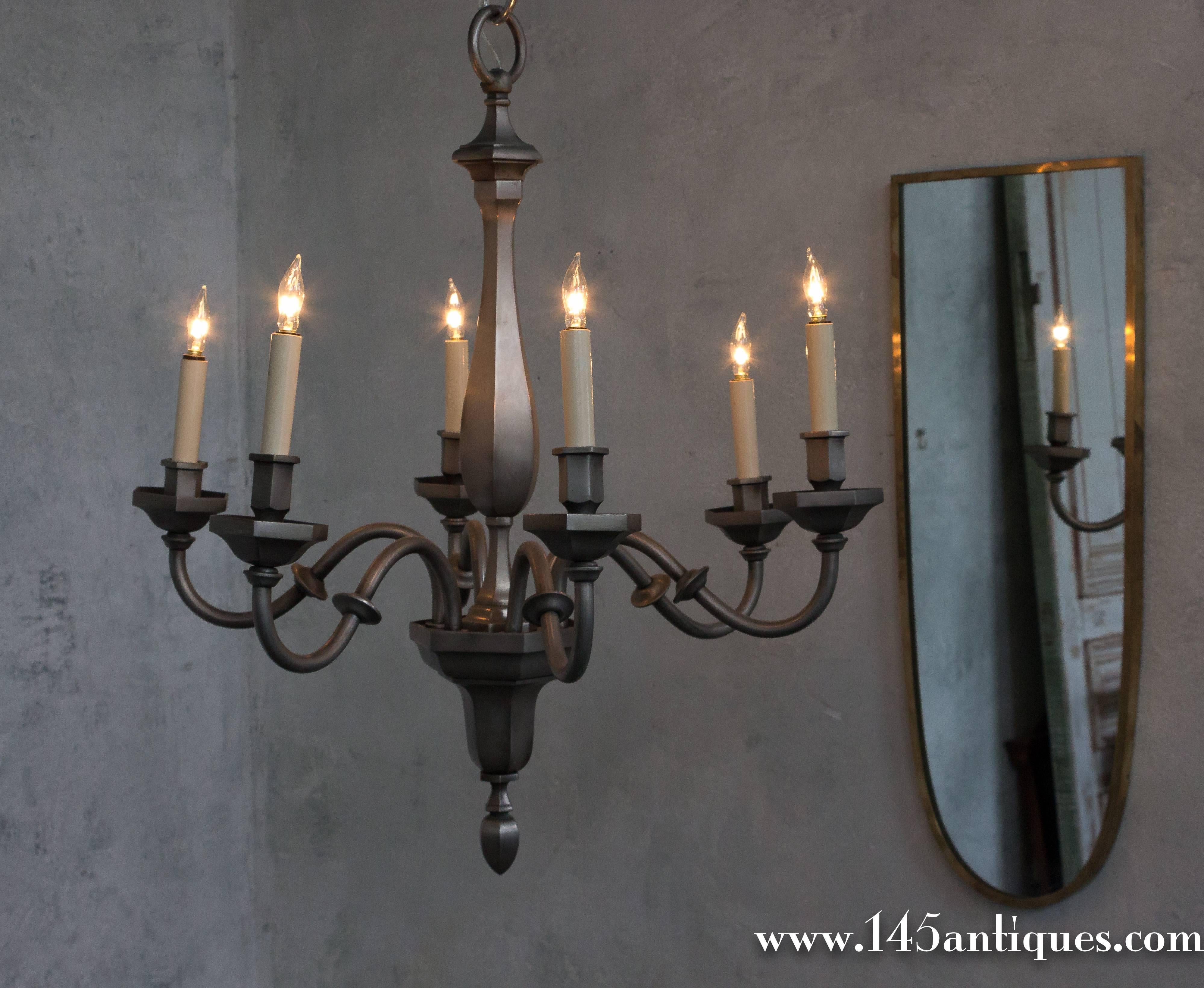 Neoclassical Small French 1940s Chandelier in a Pewter Finish For Sale