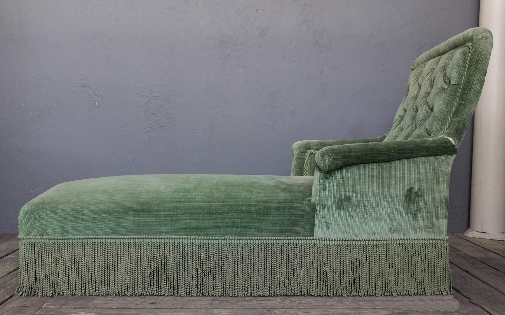 French  Napoleon III Light Green Tufted Back Chaise Longue 1