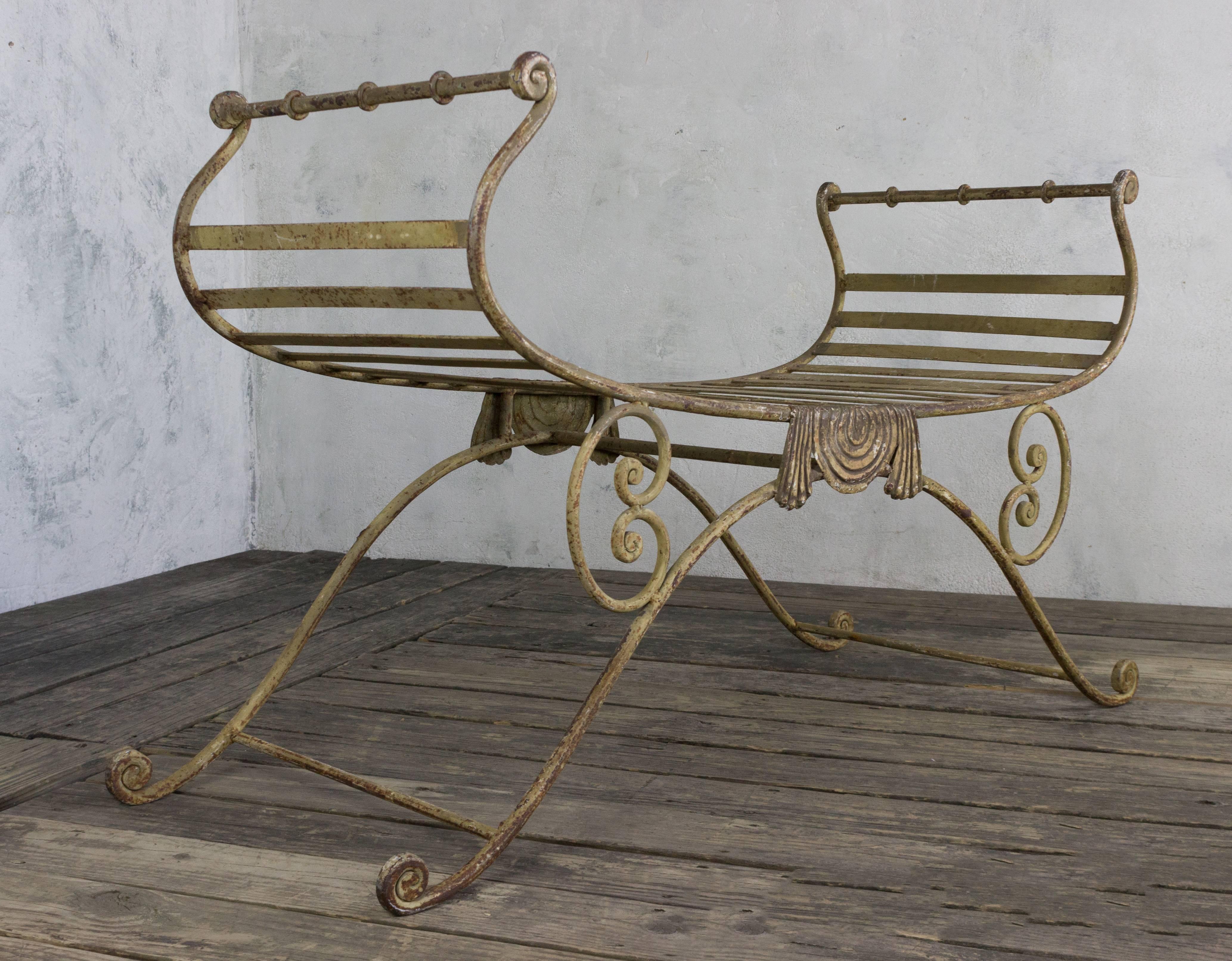 Neoclassic style green wrought iron bench, Italian, early 20th century.