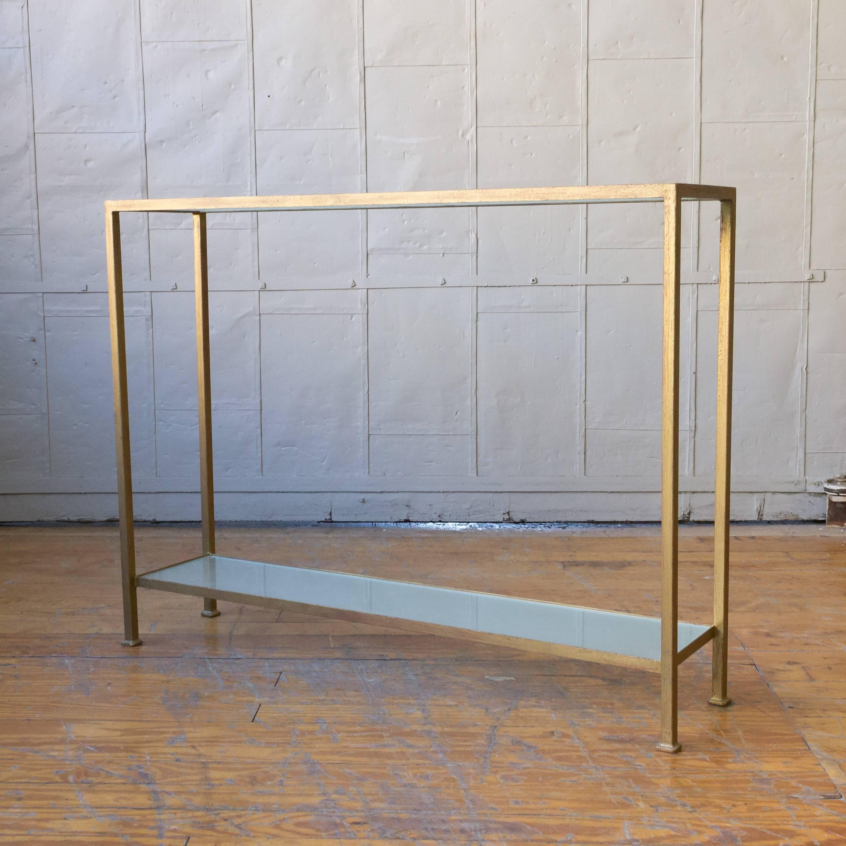 Mid-Century Modern Marcelo Console Table with Sandblasted Glass Shelves For Sale