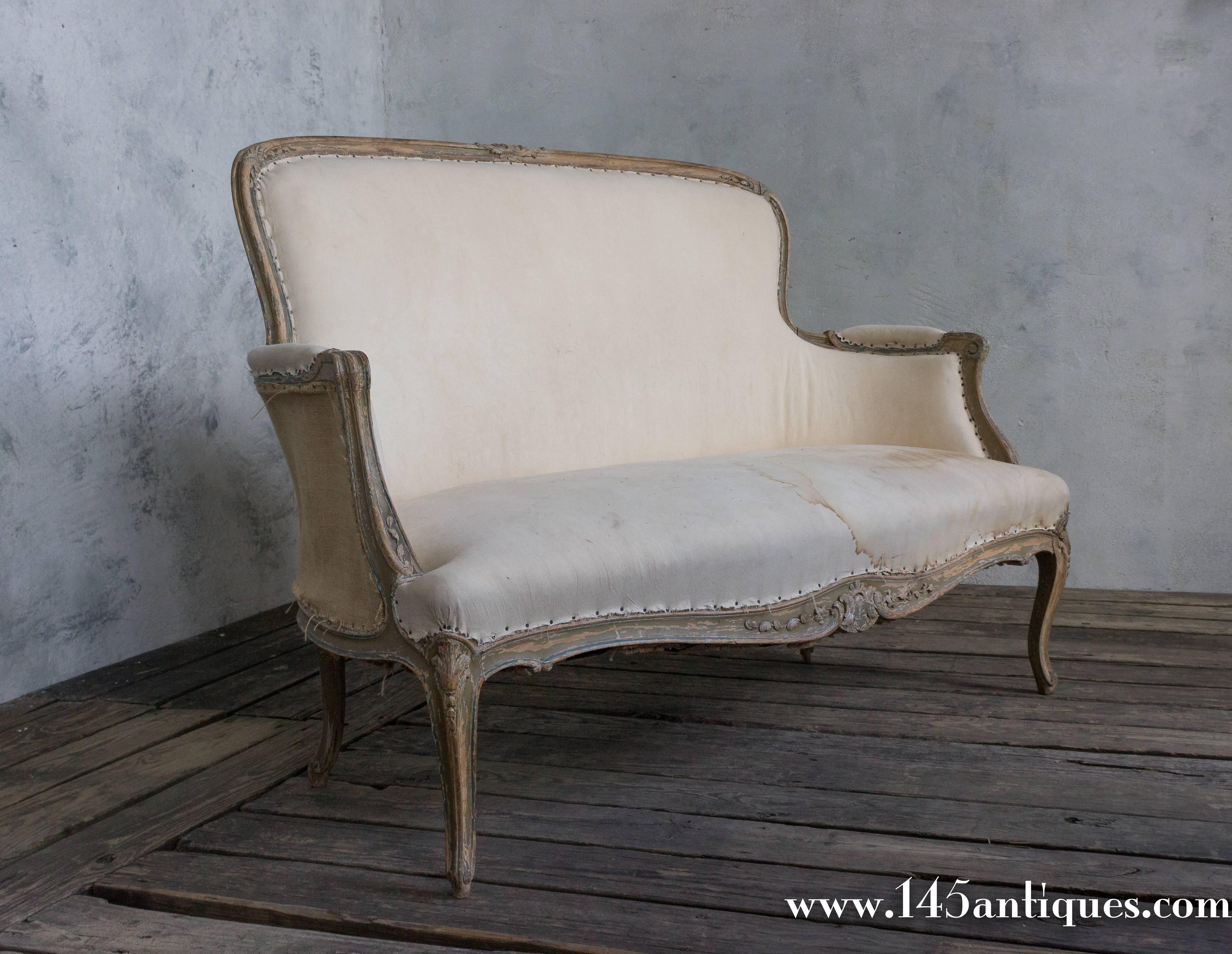 French Small 19th Century Settee with Distressed Paint Finish