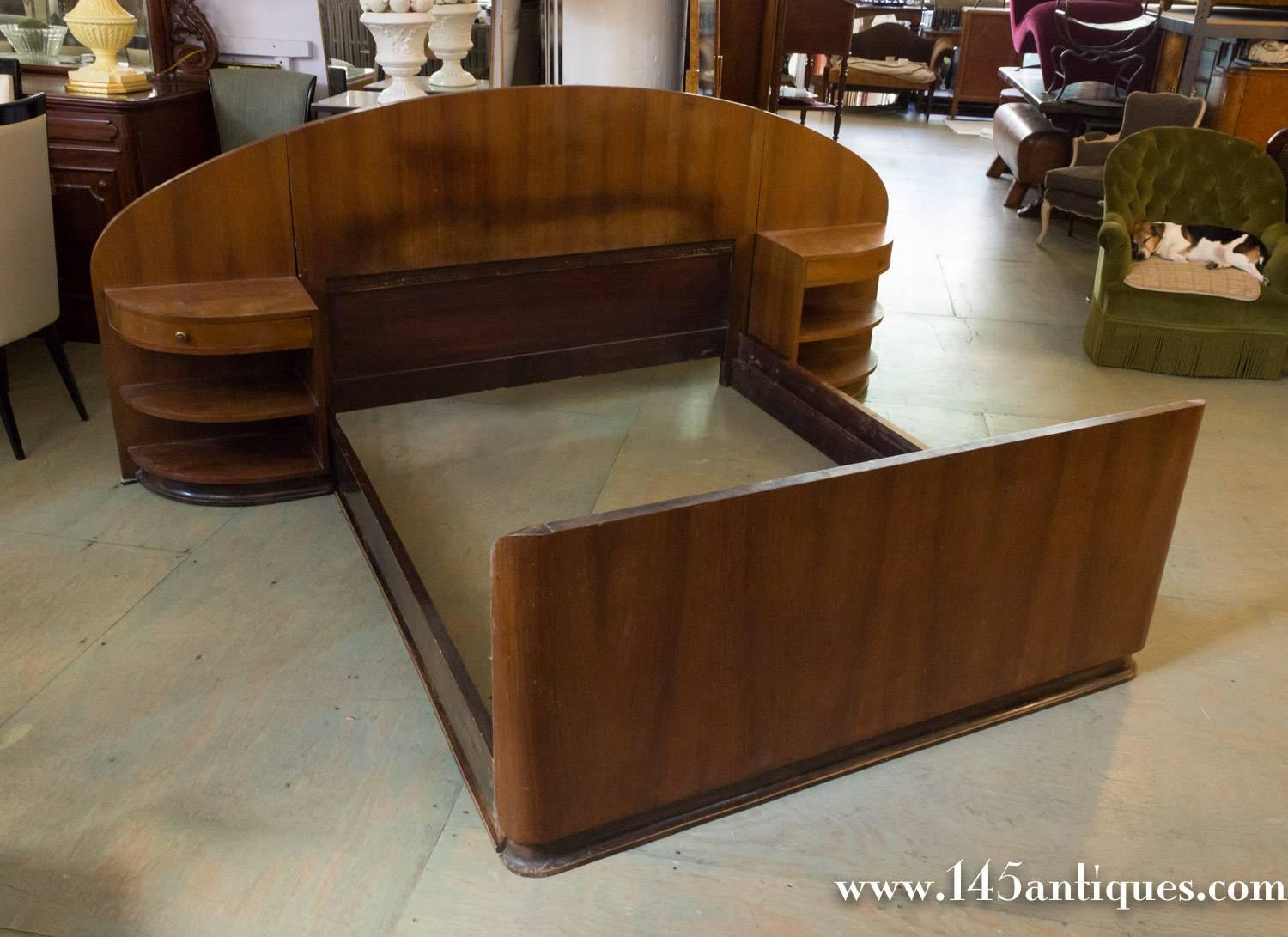 French Art Deco Mahogany Bed with Built in Nightstands For Sale at 1stdibs