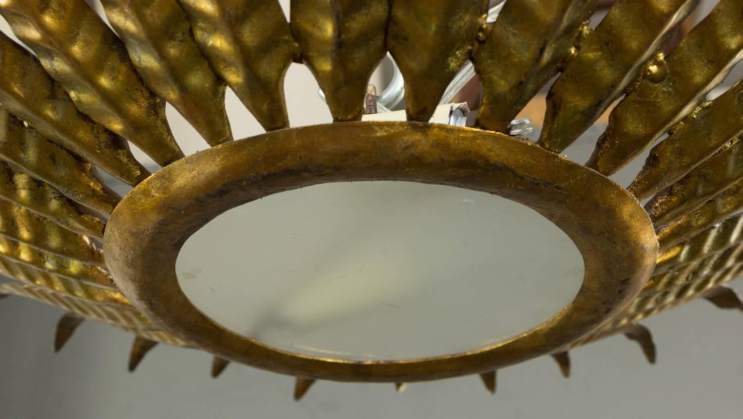 Mid-20th Century Spanish Gilt Metal Sunburst Ceiling Fixture with Leaf Decoration