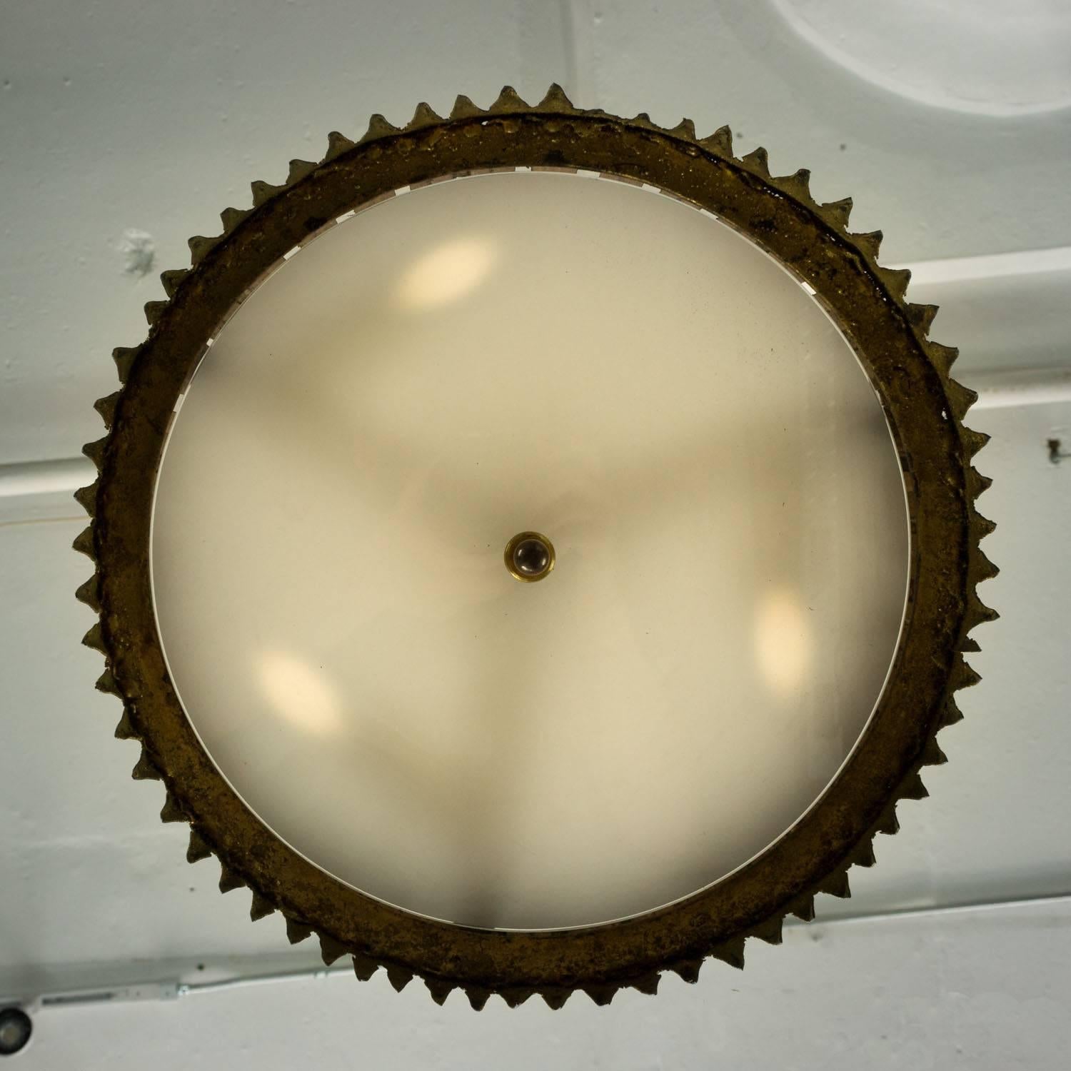 Mid-20th Century Gilt Metal Sunburst Crown Ceiling Fixture with Frosted Glass