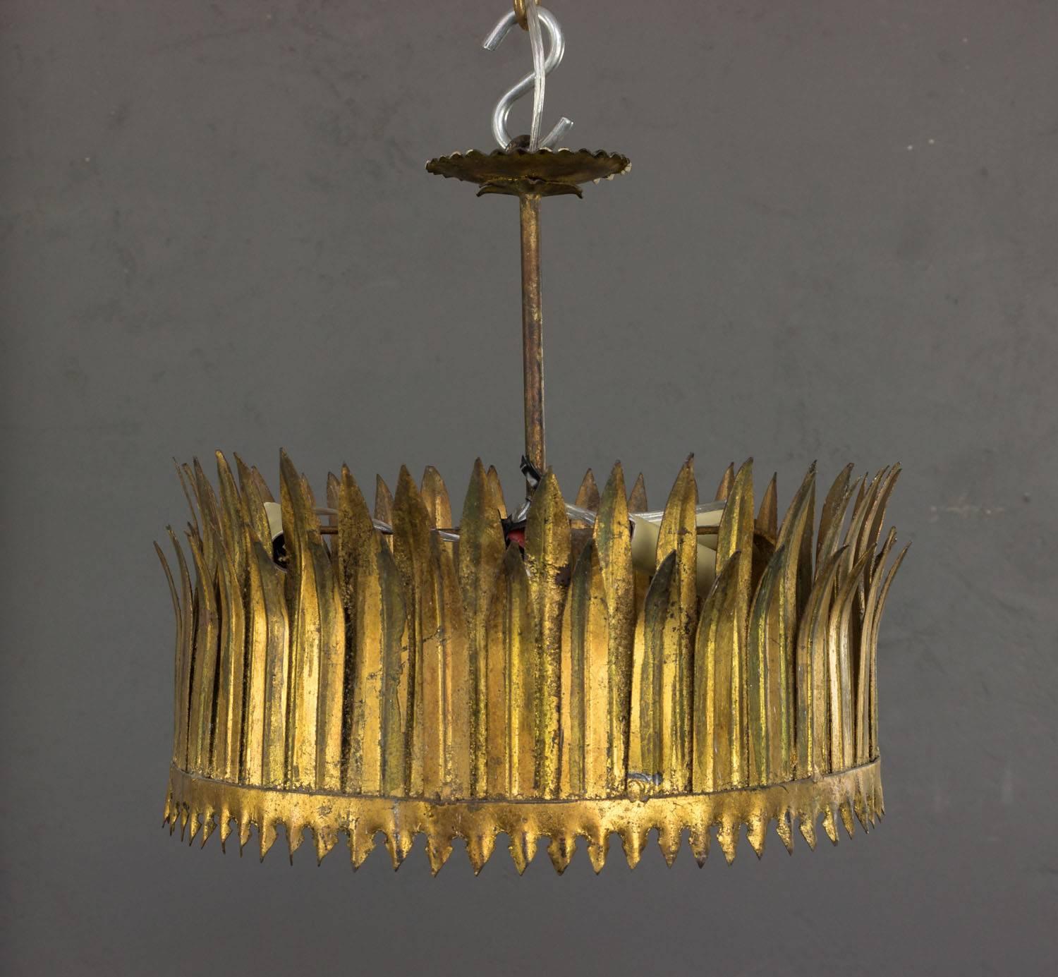 Gilt Metal Sunburst Crown Ceiling Fixture with Frosted Glass 2
