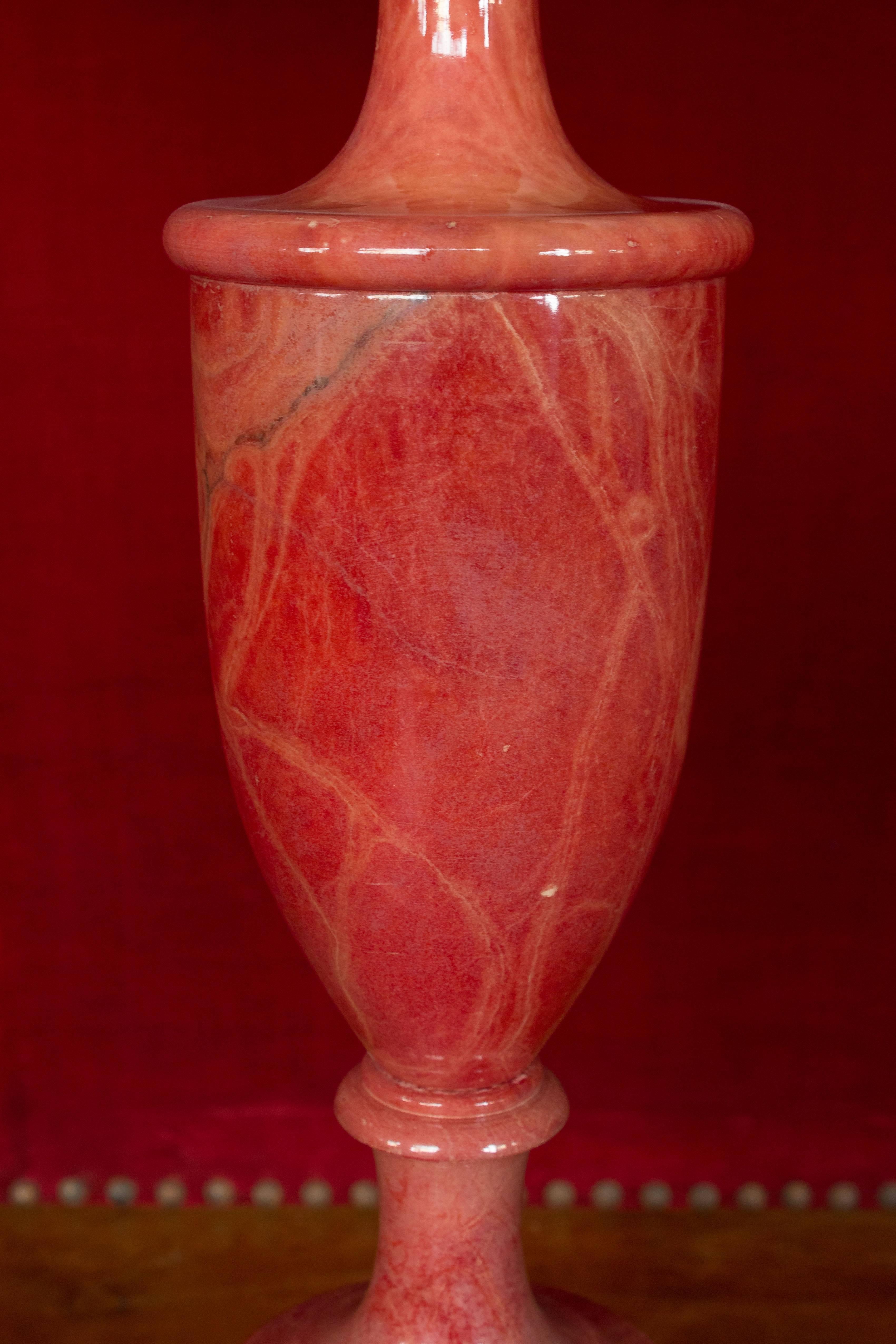 Neoclassical Pair of Italian Red Alabaster Lamps