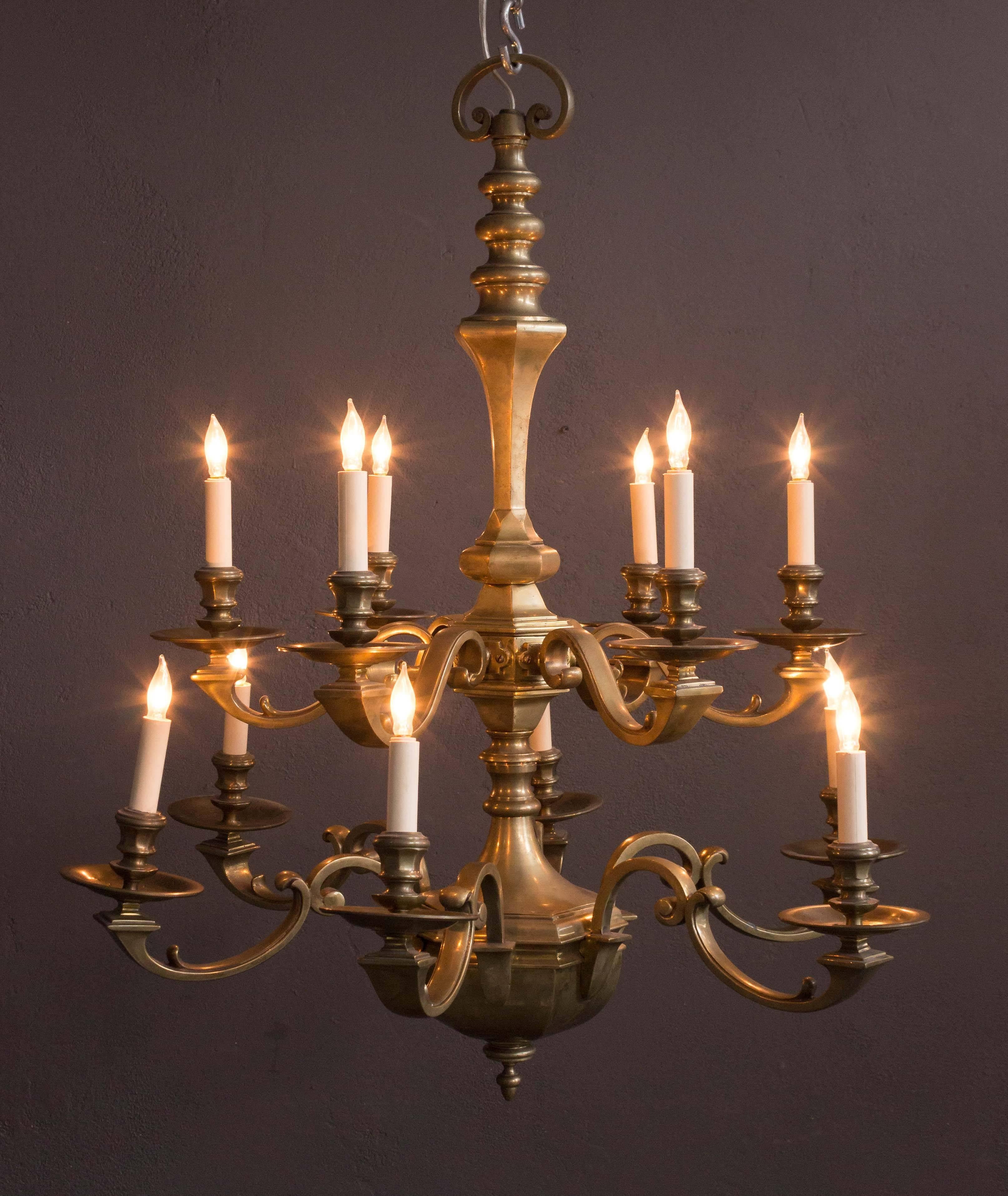 Neoclassical French 1940s Double Tiered Twelve-Armed Bronze Chandelier For Sale