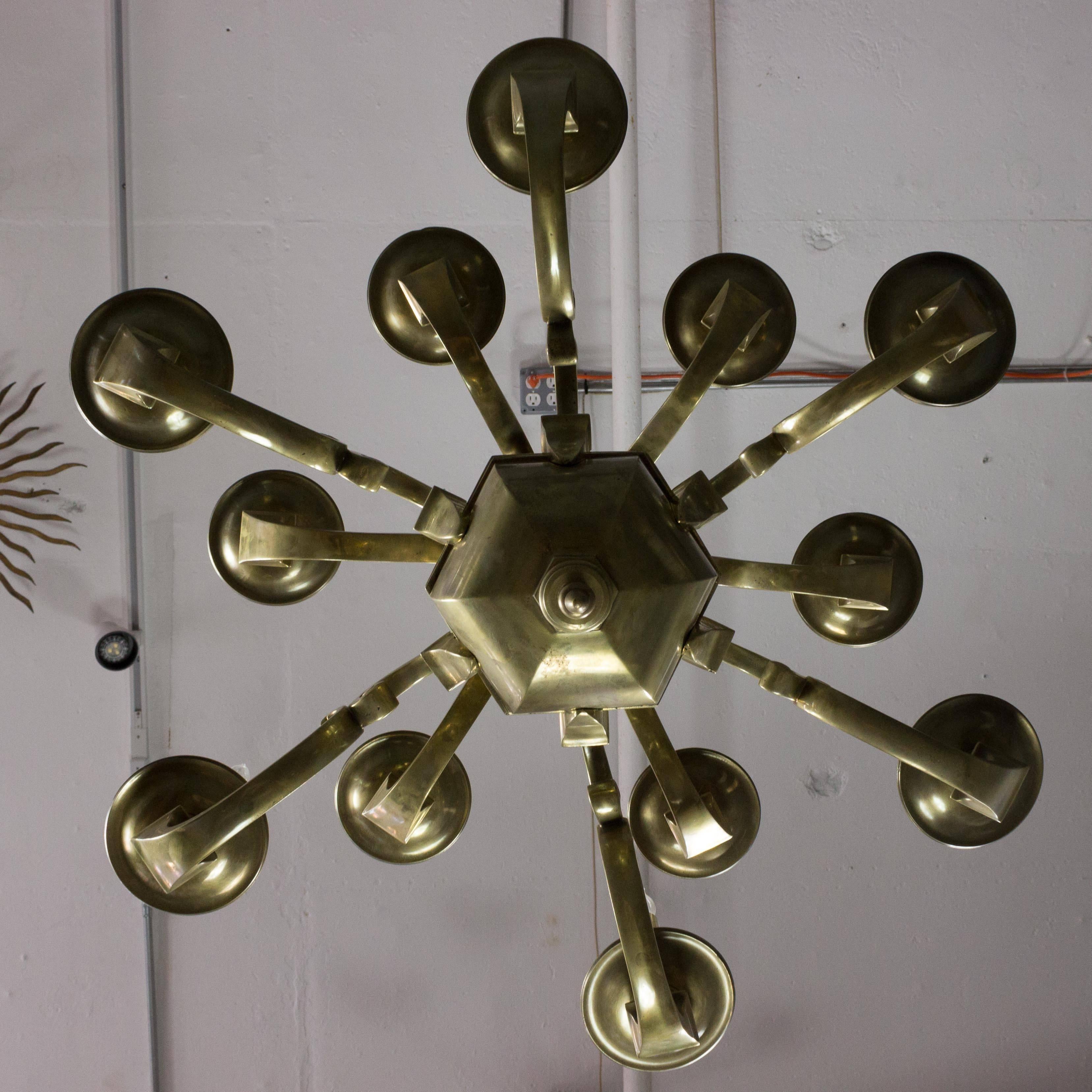 French 1940s Double Tiered Twelve-Armed Bronze Chandelier For Sale 3