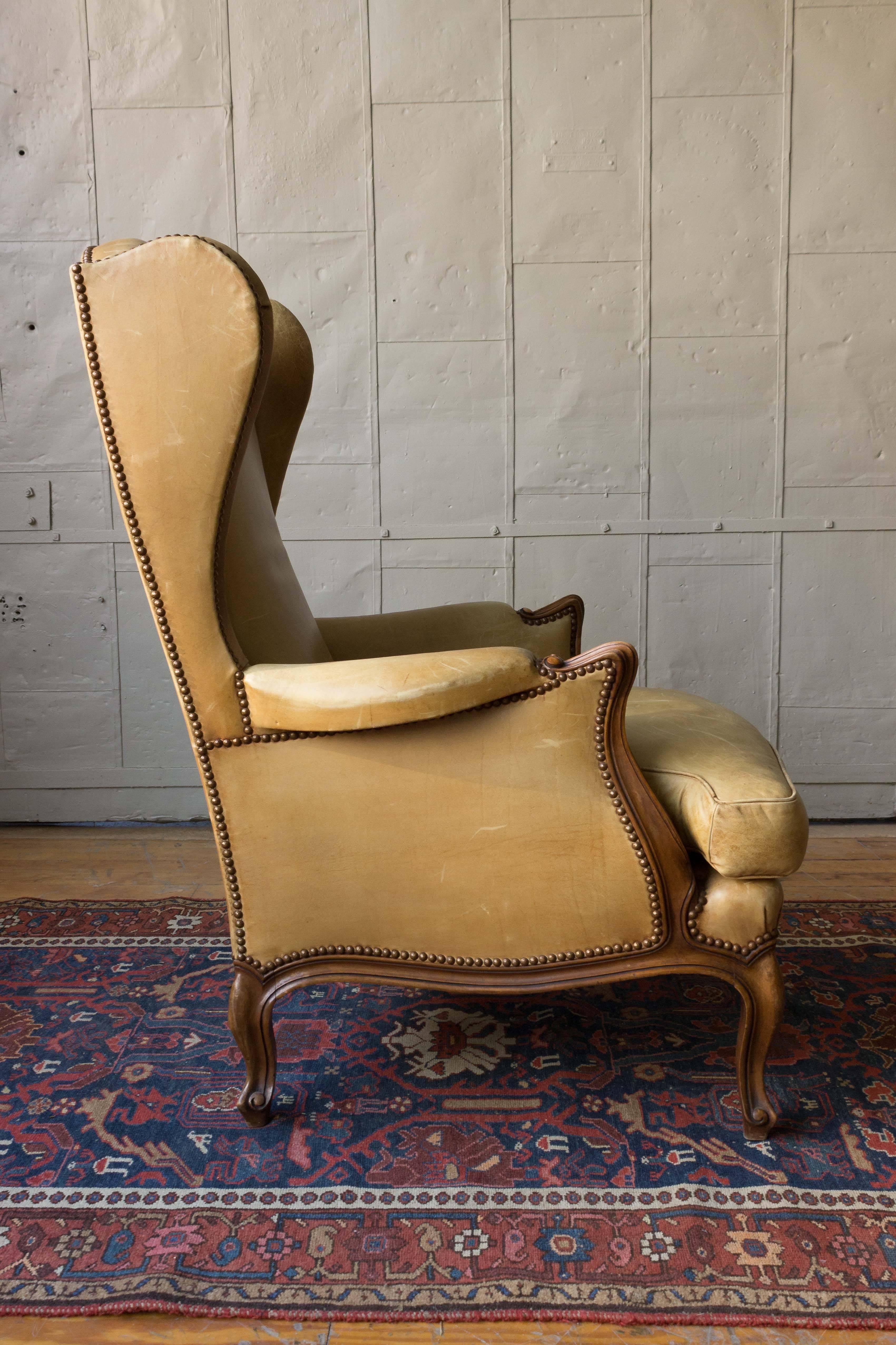 Louis XV Style Leather Wingback Armchair In Good Condition In Buchanan, NY