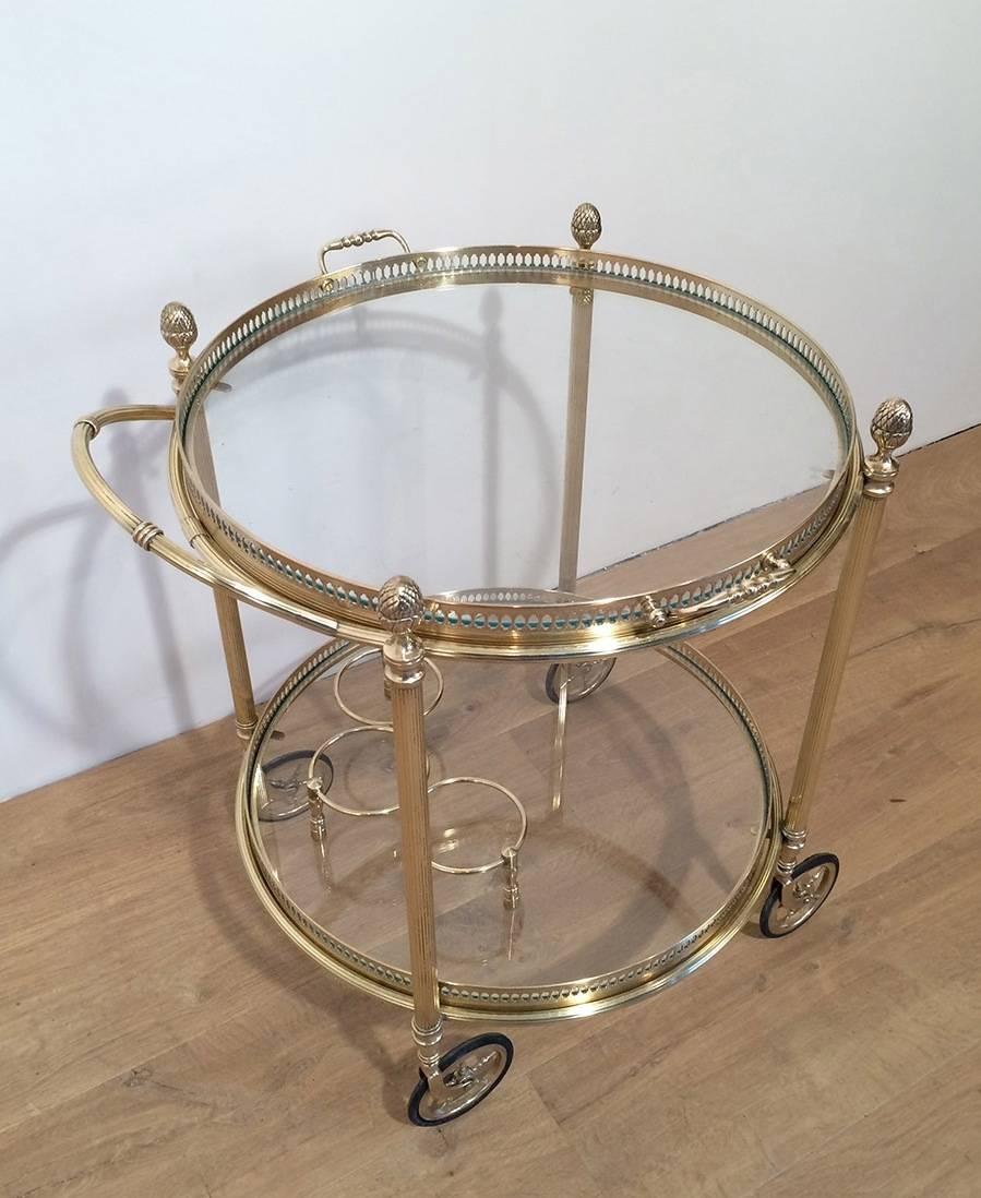 Small French Round Brass Bar Cart In Excellent Condition In Buchanan, NY