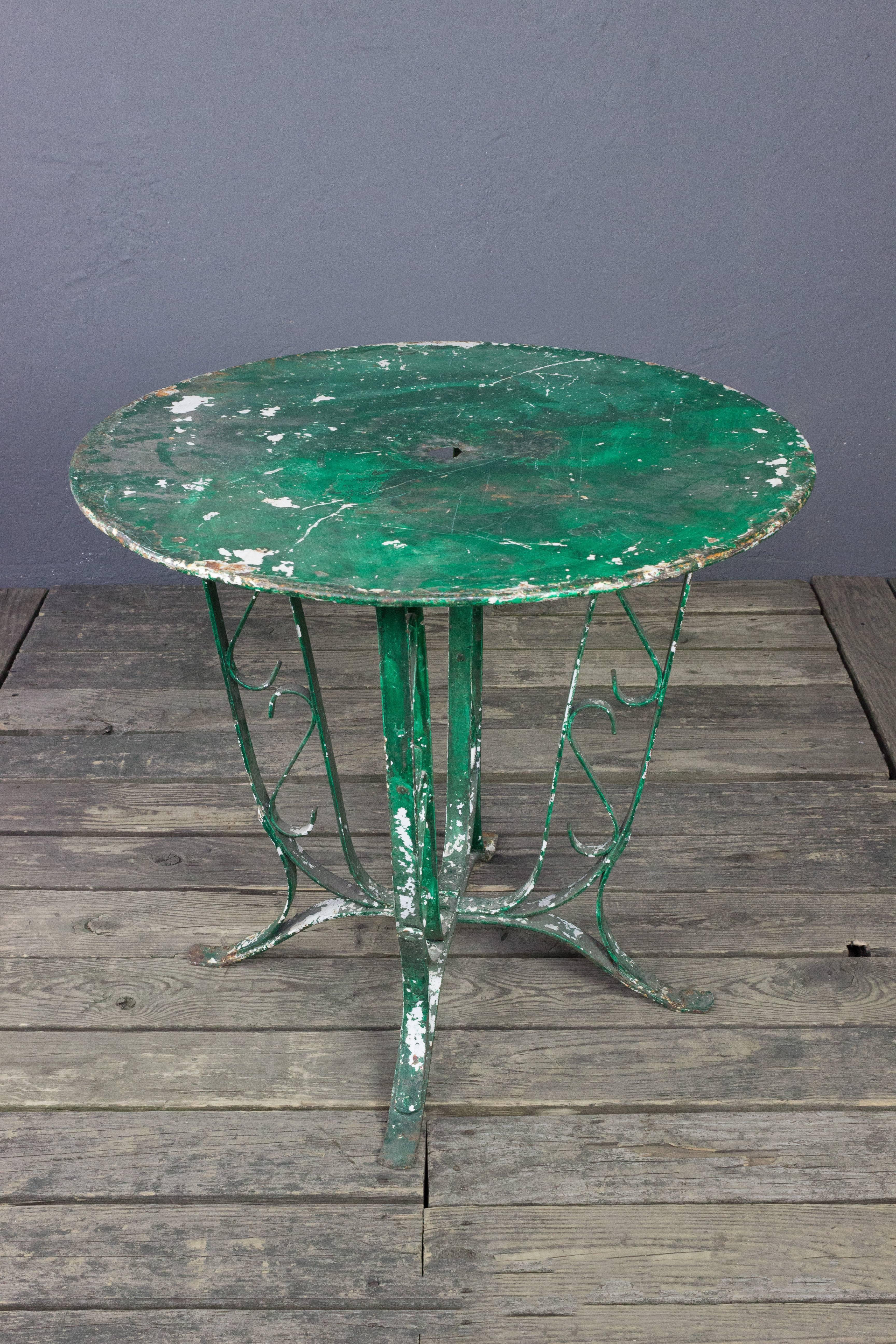 Iron French 1920's  Garden Table  with Distressed Green Paint