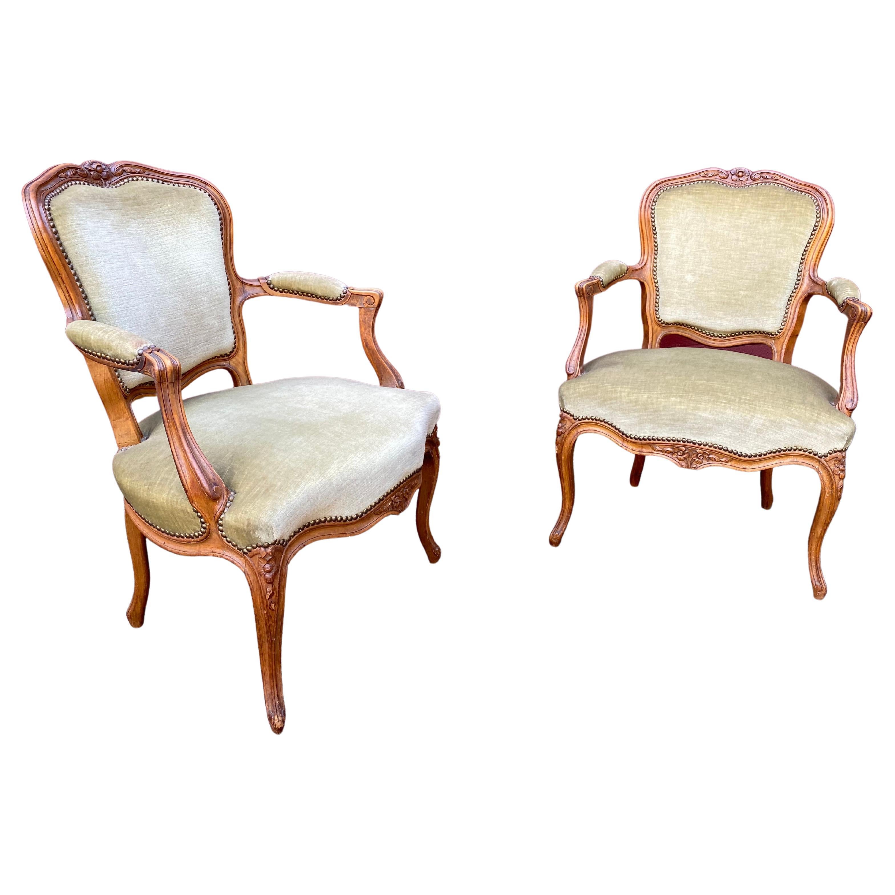 Pair of French Louis XV Style Armchairs in Pale Green Velvet For Sale