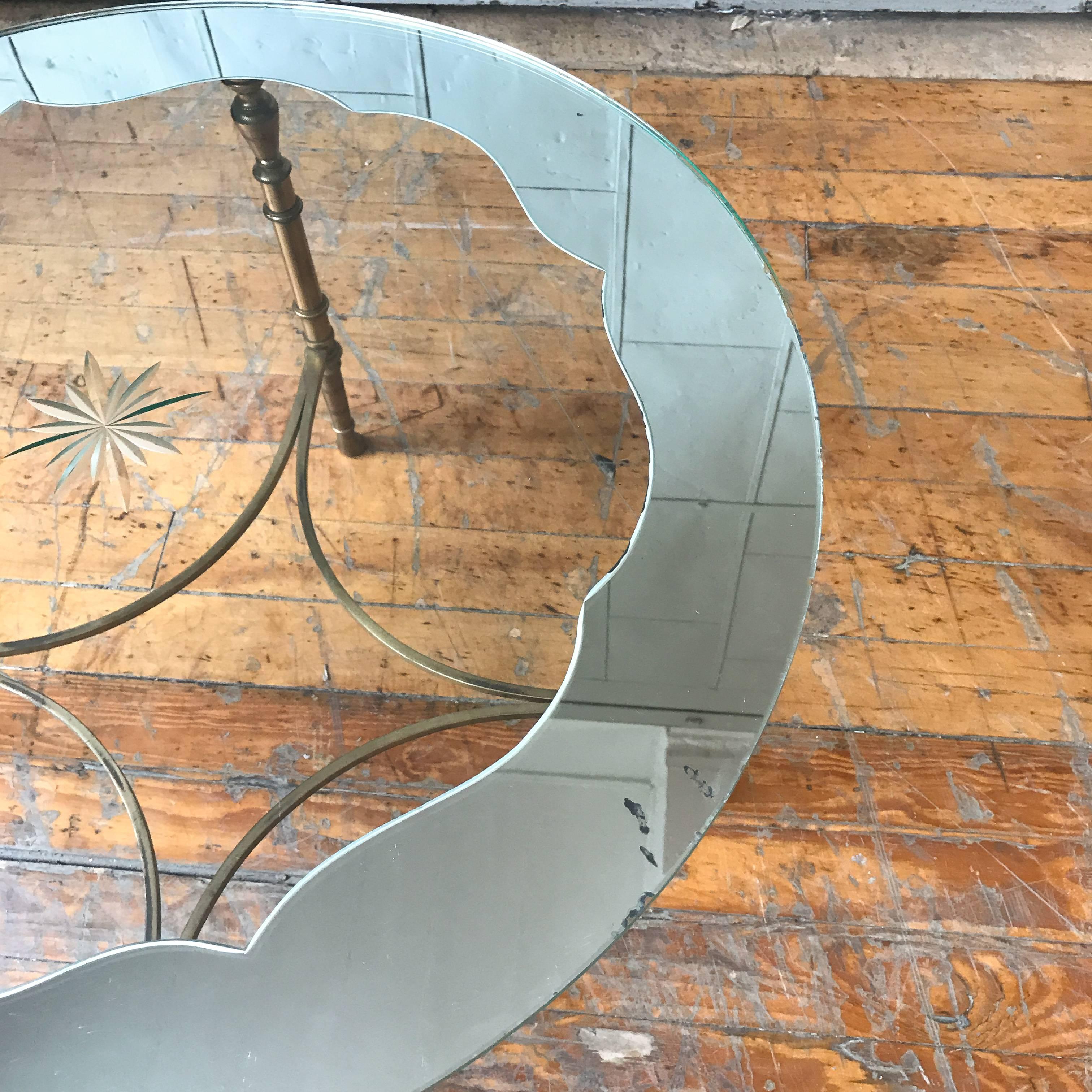 Mid-20th Century French Round Brass Coffee Table with Etched Glass Top