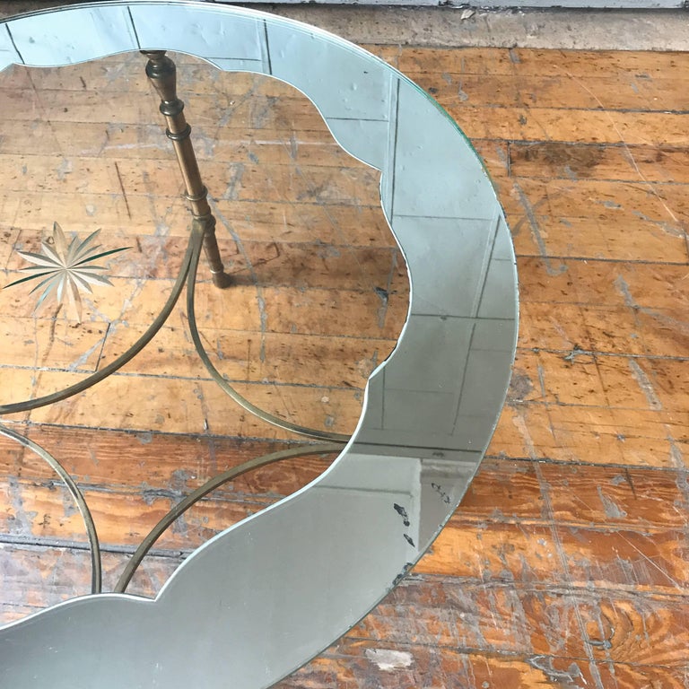 French Round Brass Coffee Table with Etched Glass Top at 1stDibs