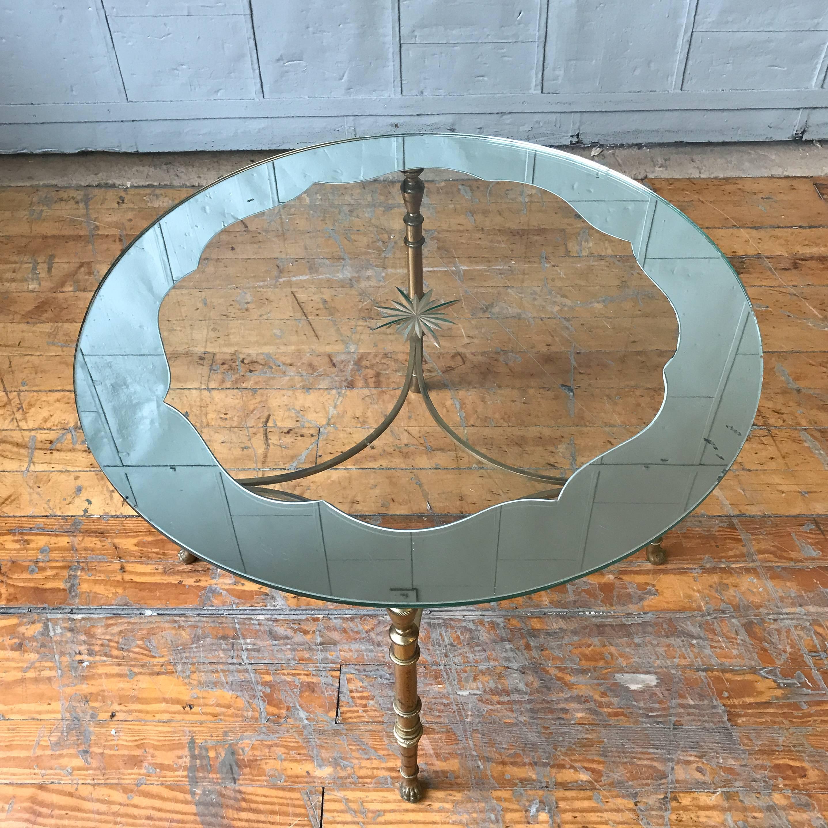 Neoclassical French Round Brass Coffee Table with Etched Glass Top