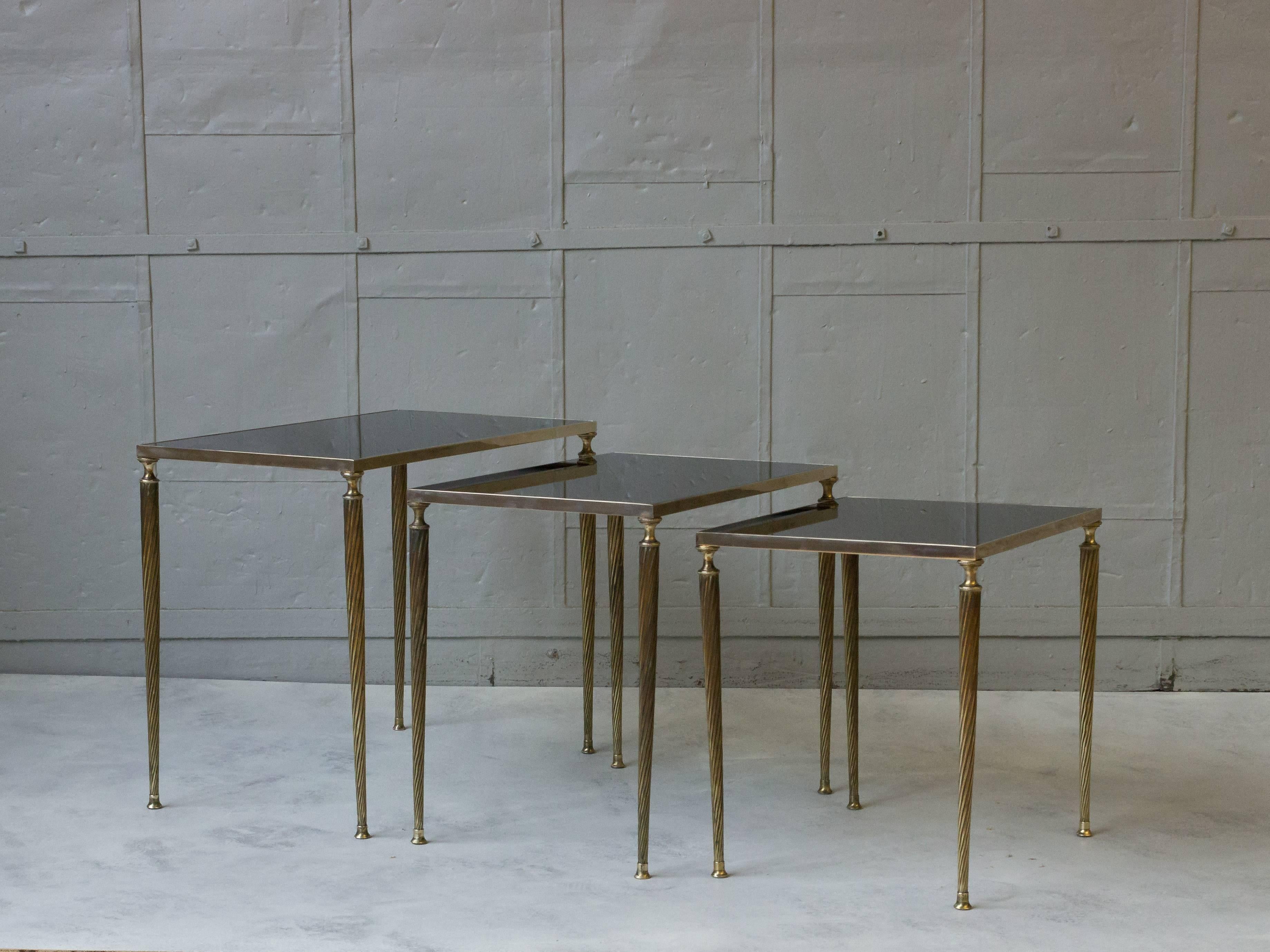 Set of Black Glass and Brass Nesting Tables in the Style of Maison Jansen 1