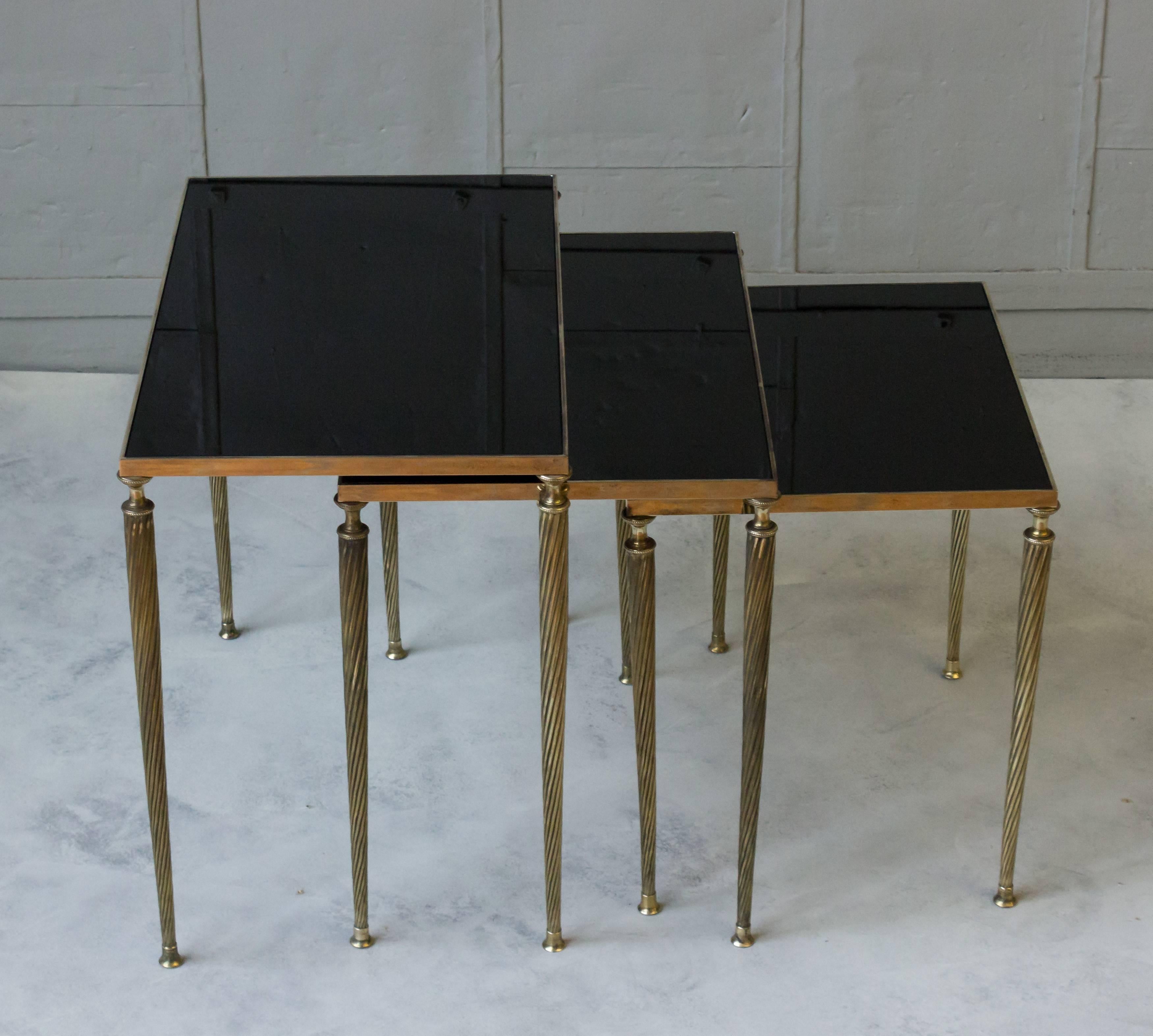 Set of Black Glass and Brass Nesting Tables in the Style of Maison Jansen 4