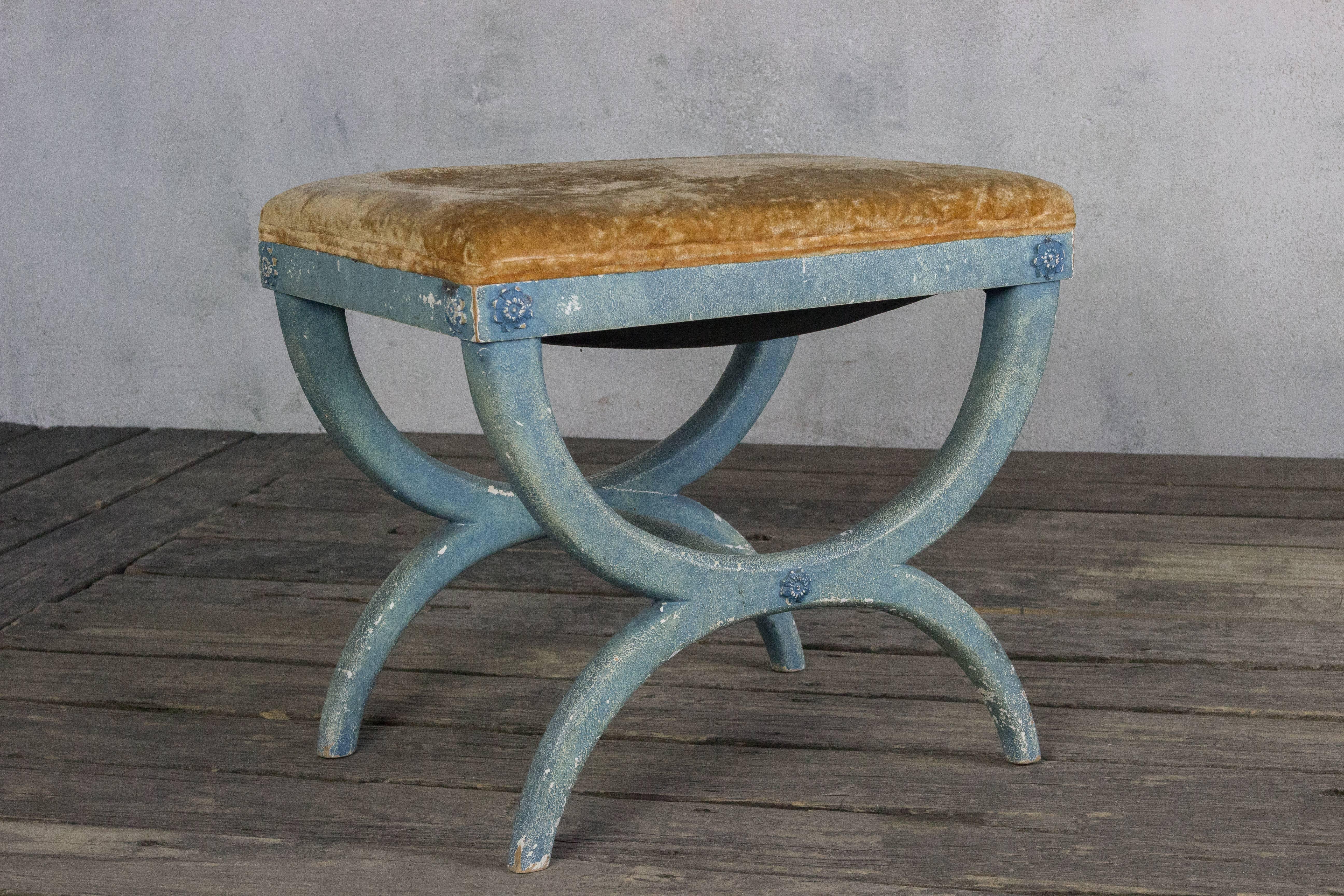 Pair of French, early 20th century stools in aged rust velvet and blue painted frames. 



 