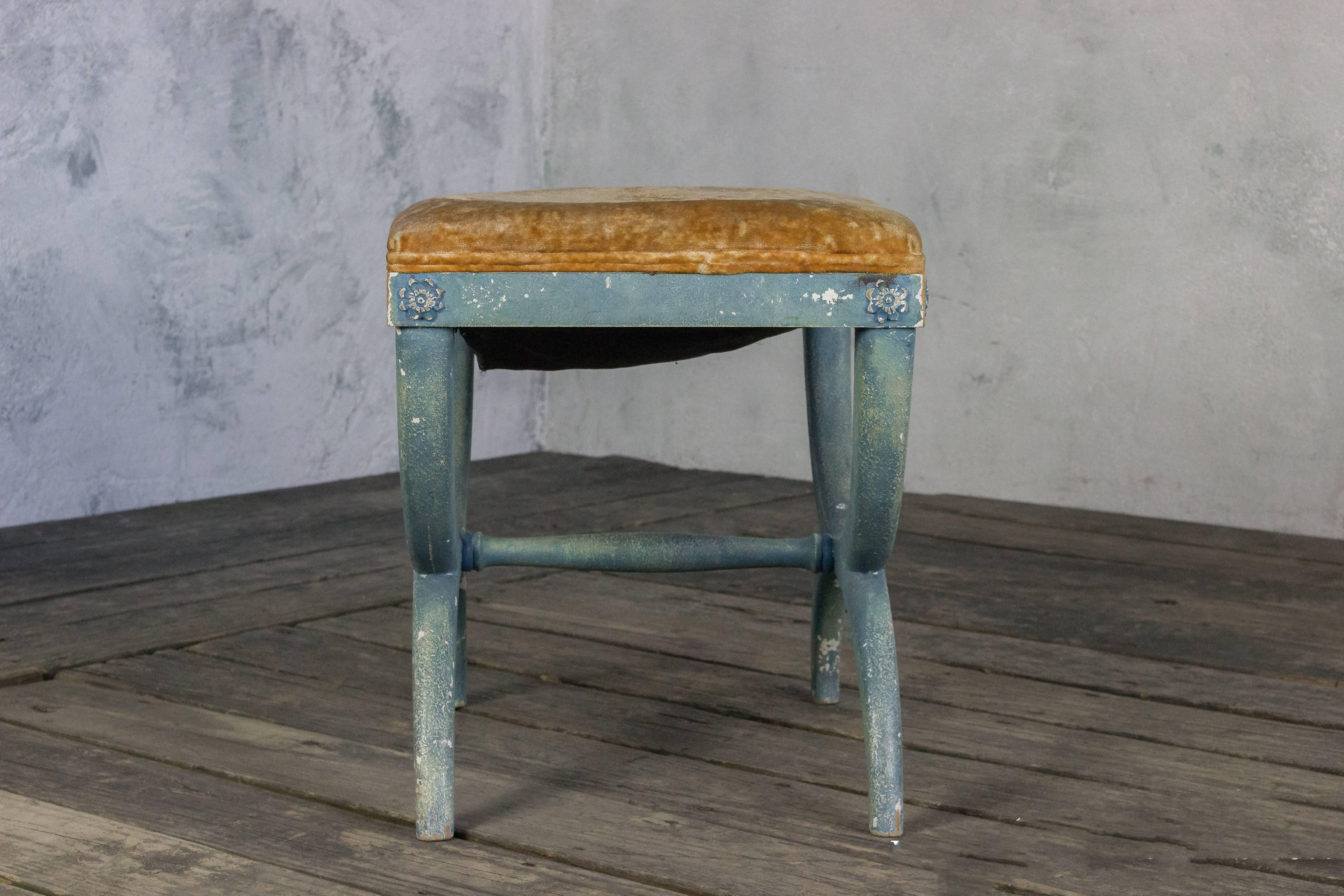 Upholstery Pair of French Early 20th Century Benches in Blue Painted Frames