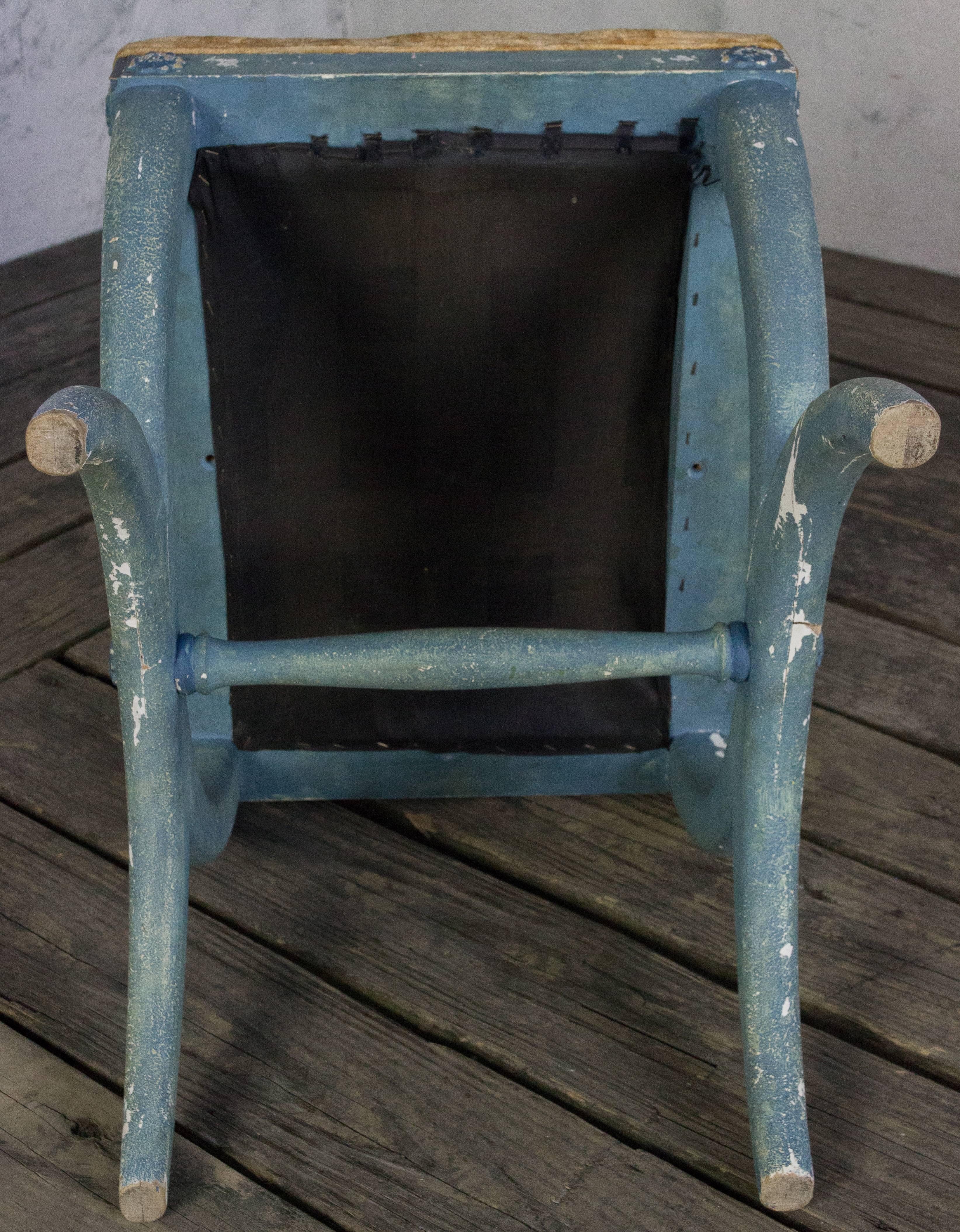 Pair of French Early 20th Century Benches in Blue Painted Frames 2