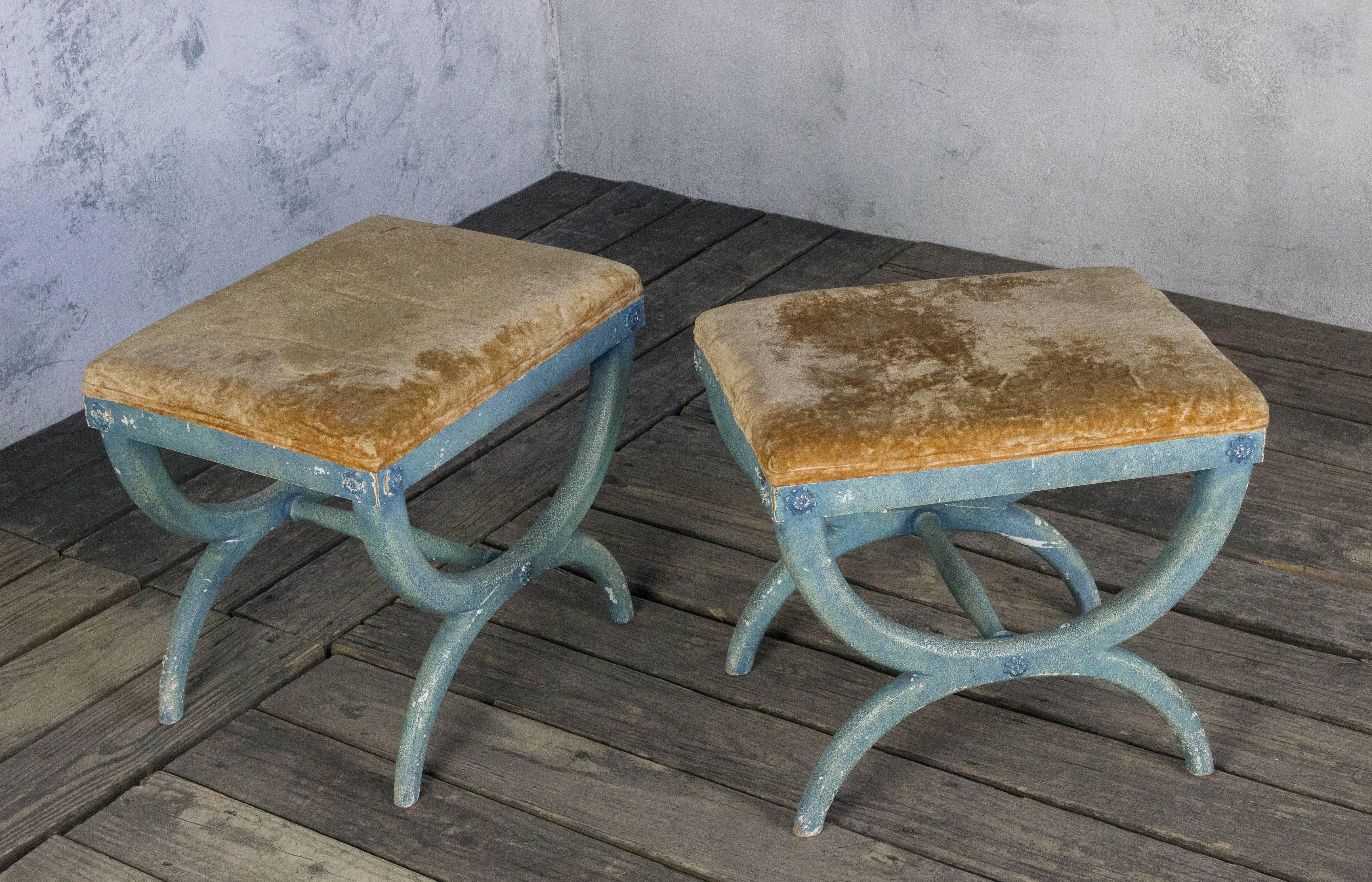 Pair of French Early 20th Century Benches in Blue Painted Frames 3