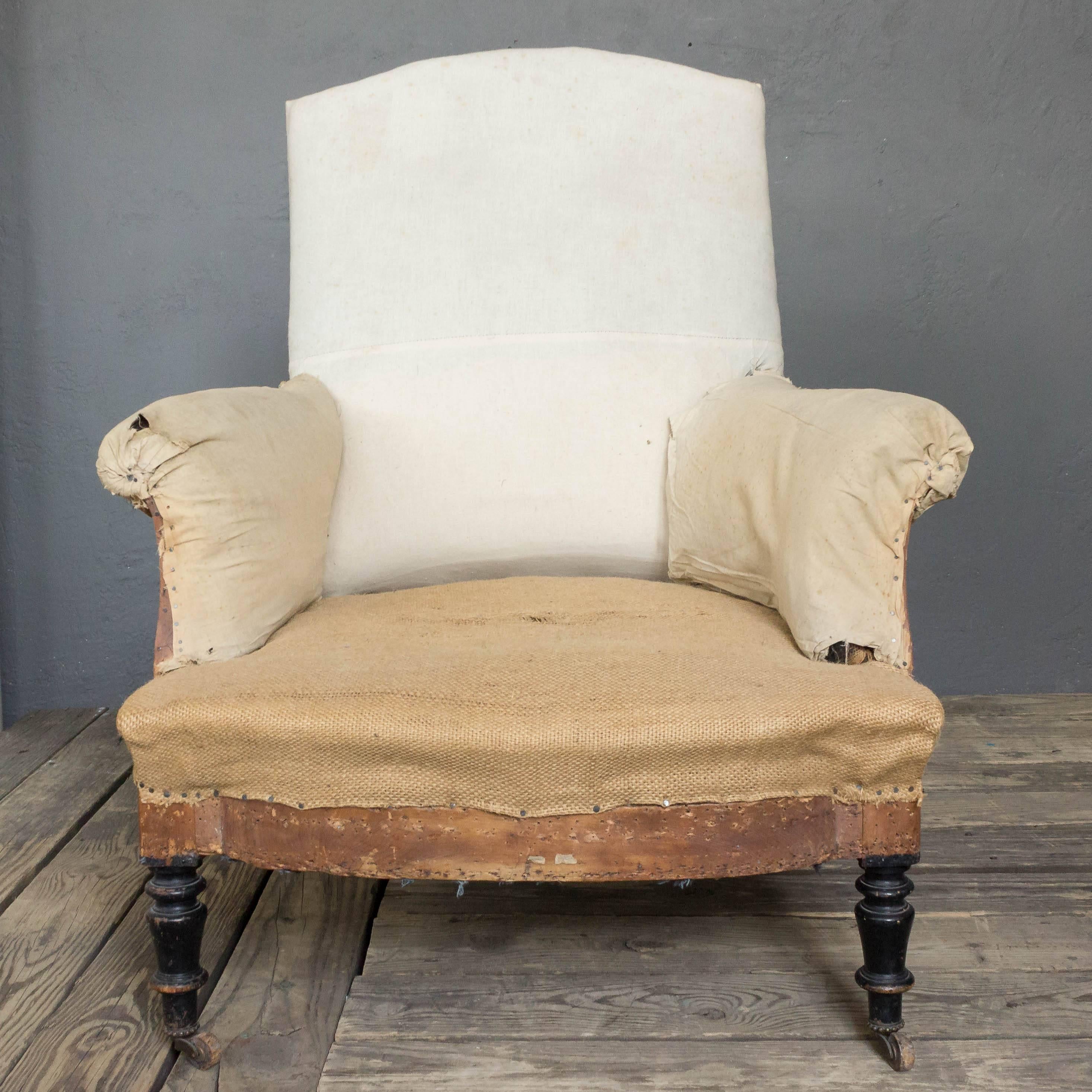 French 19th century Napoleon III armchair in muslin and burlap with high 