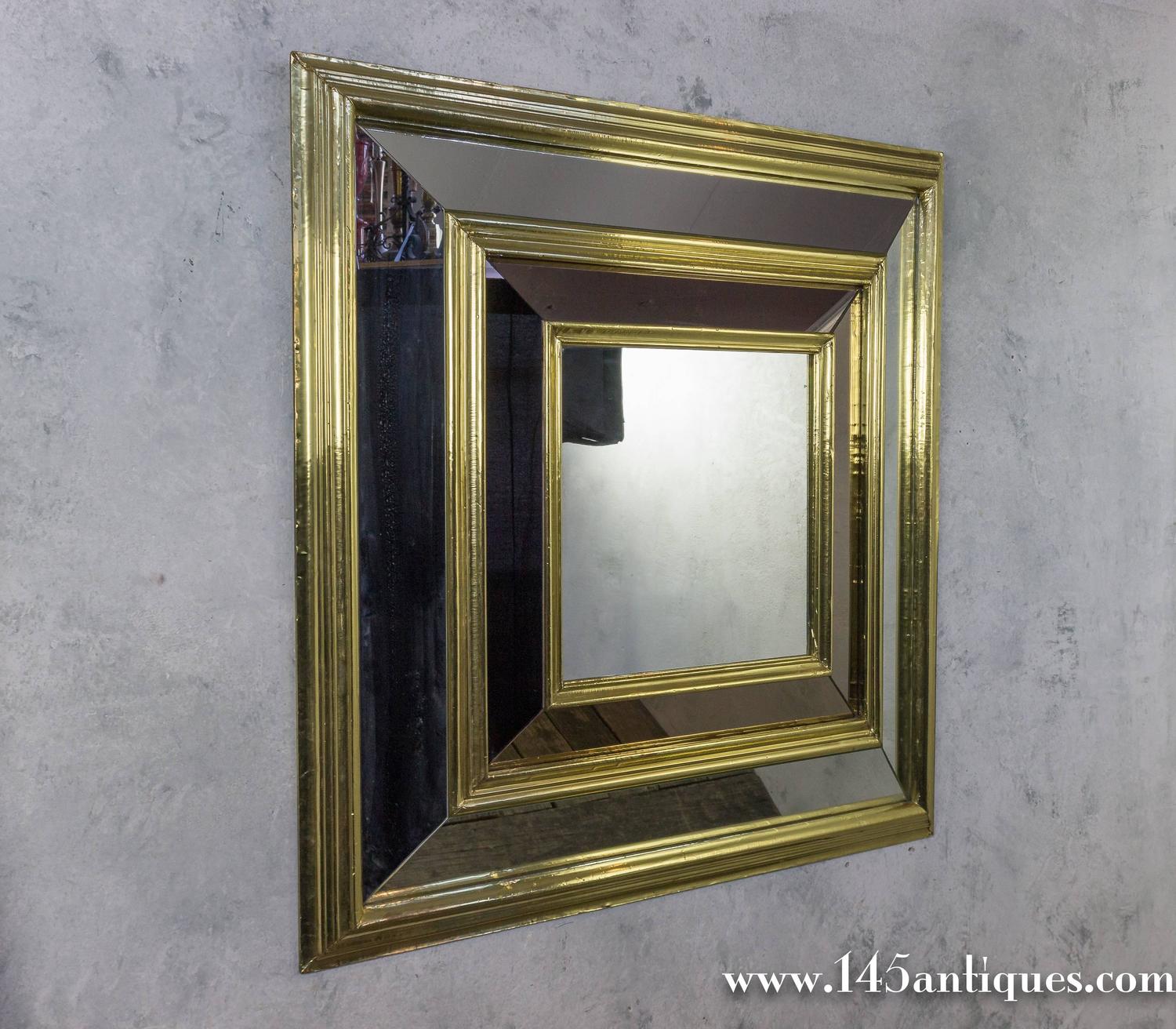 Large French, 1980s Square Brass Framed Mirror For Sale at 1stdibs