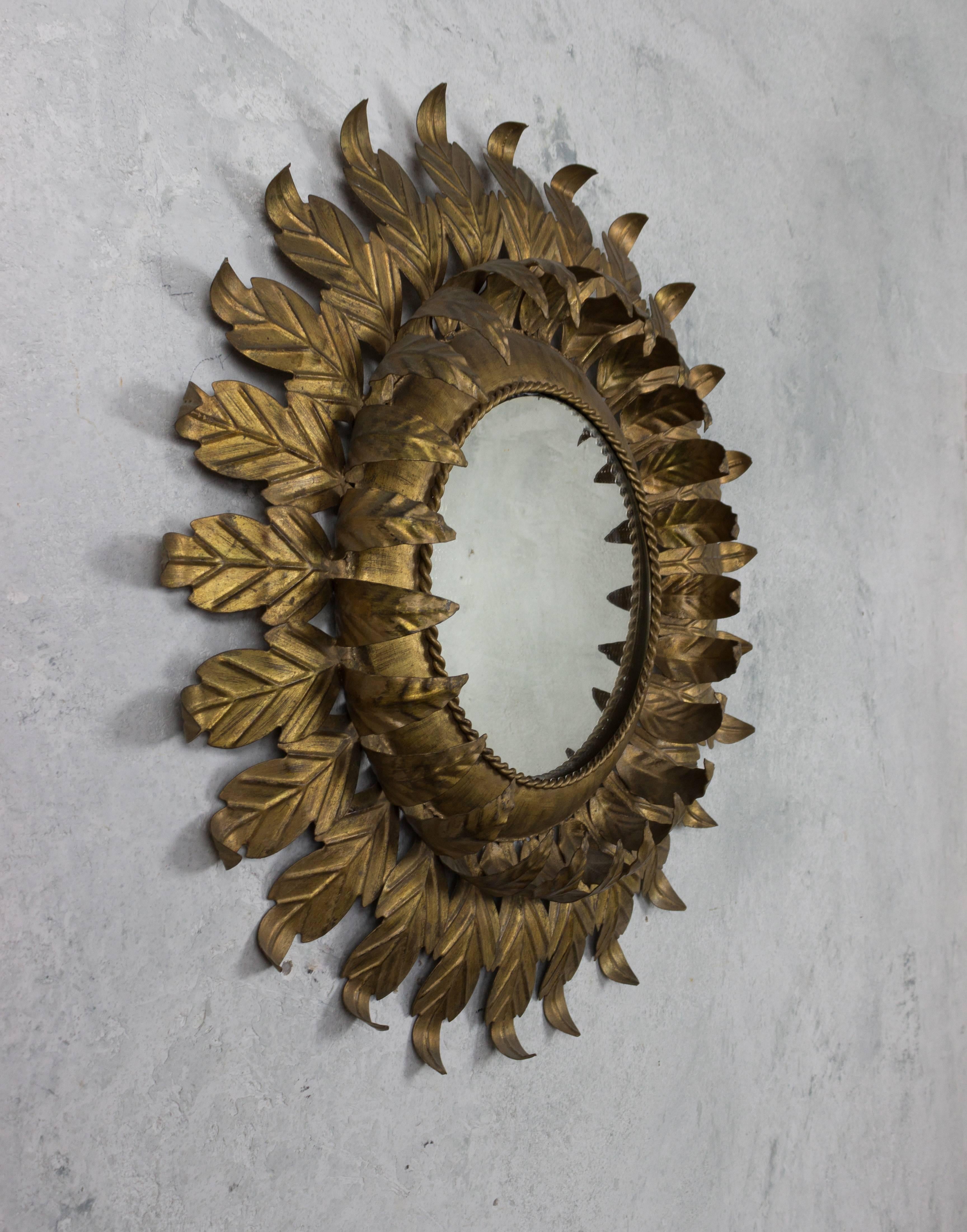 Spanish Round Gilt Iron Sunburst Mirror with Leaf Frame