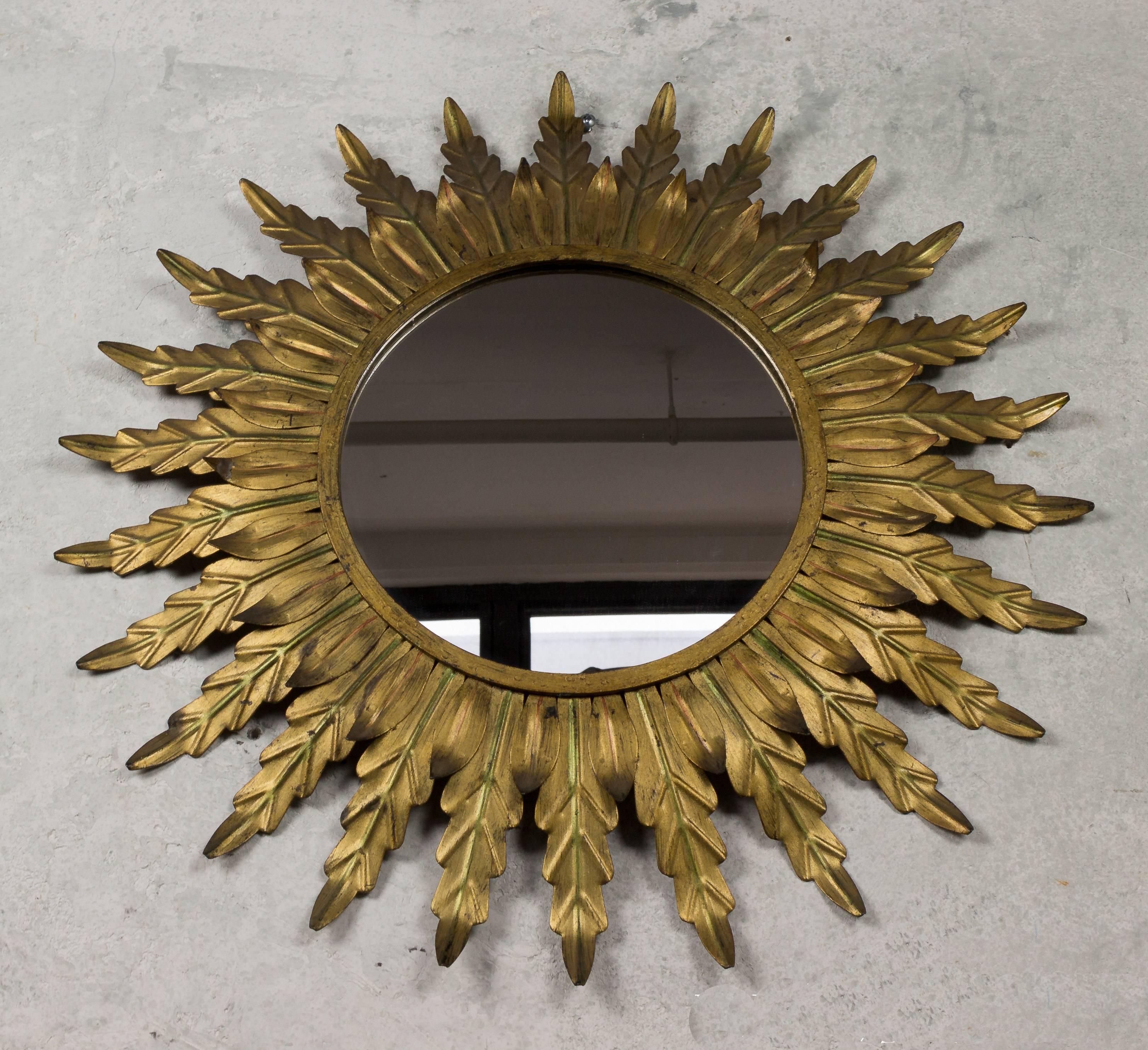 Spanish Gilt Metal Sunburst Mirror with Radiating Leaves