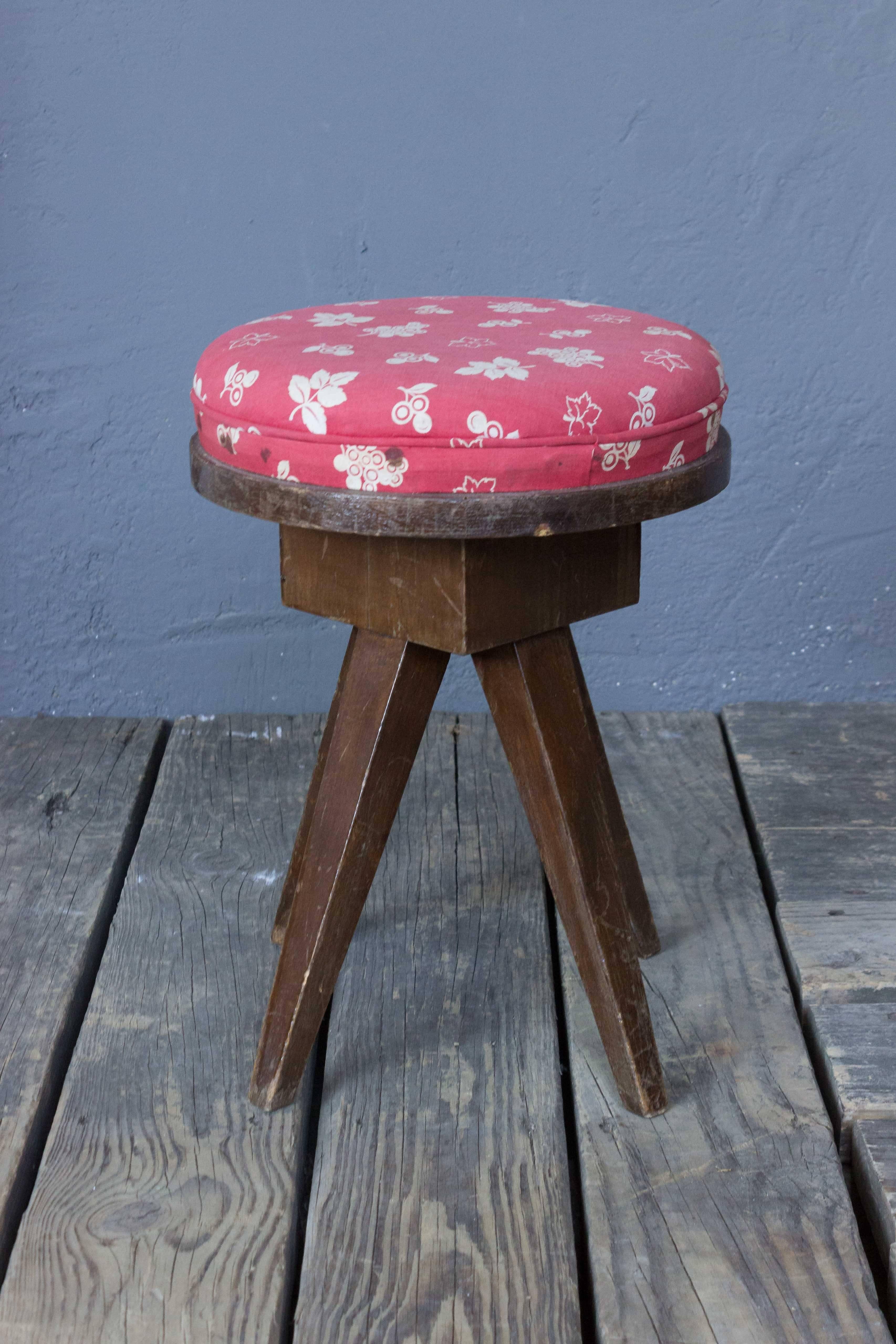 Set of seven French early 20th century wooden children stools with upholstered seats. This stools are sold as is. Upholstering and refinishing services are available.