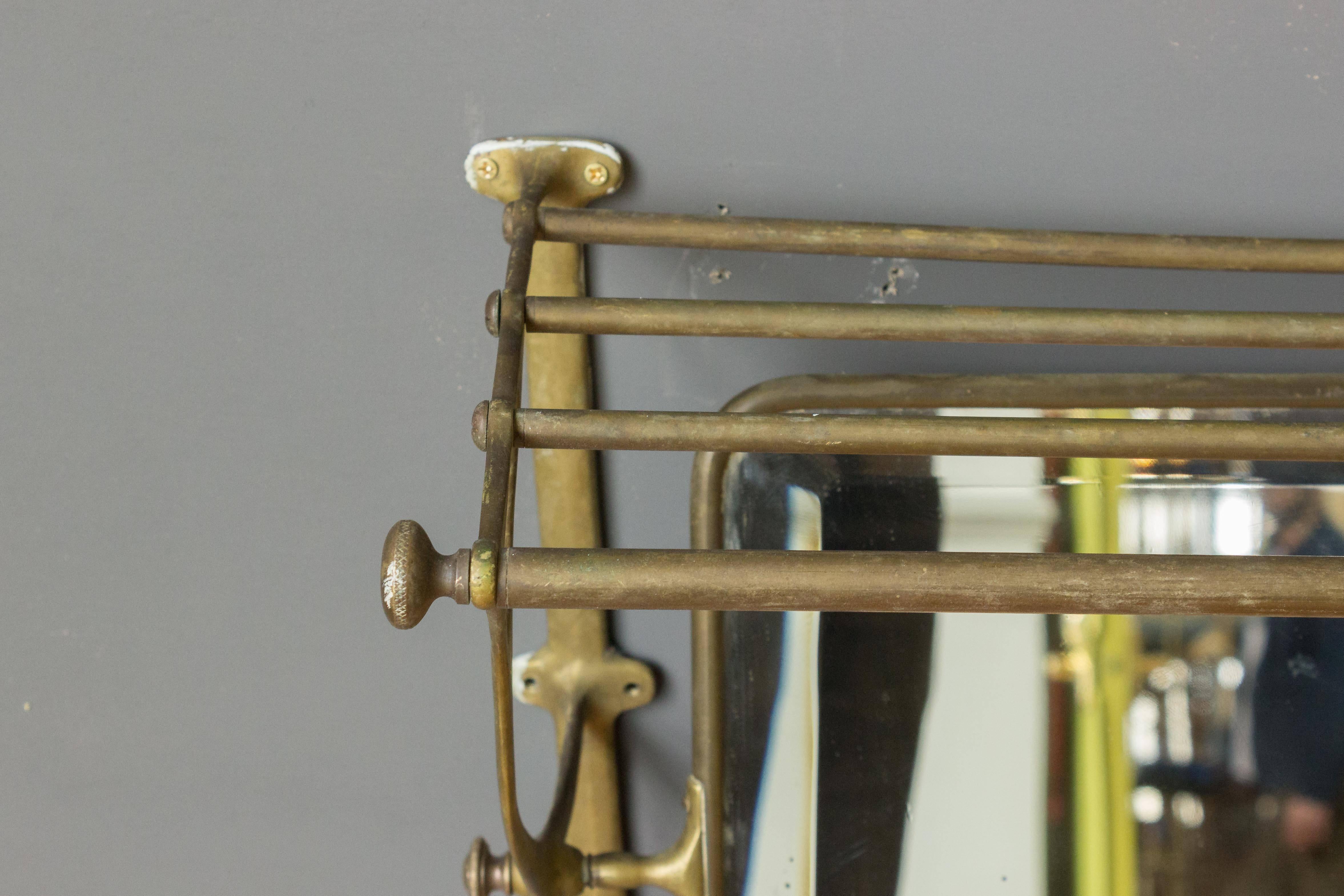 Early 20th Century Brass Coat Rack with Mirror and Hooks