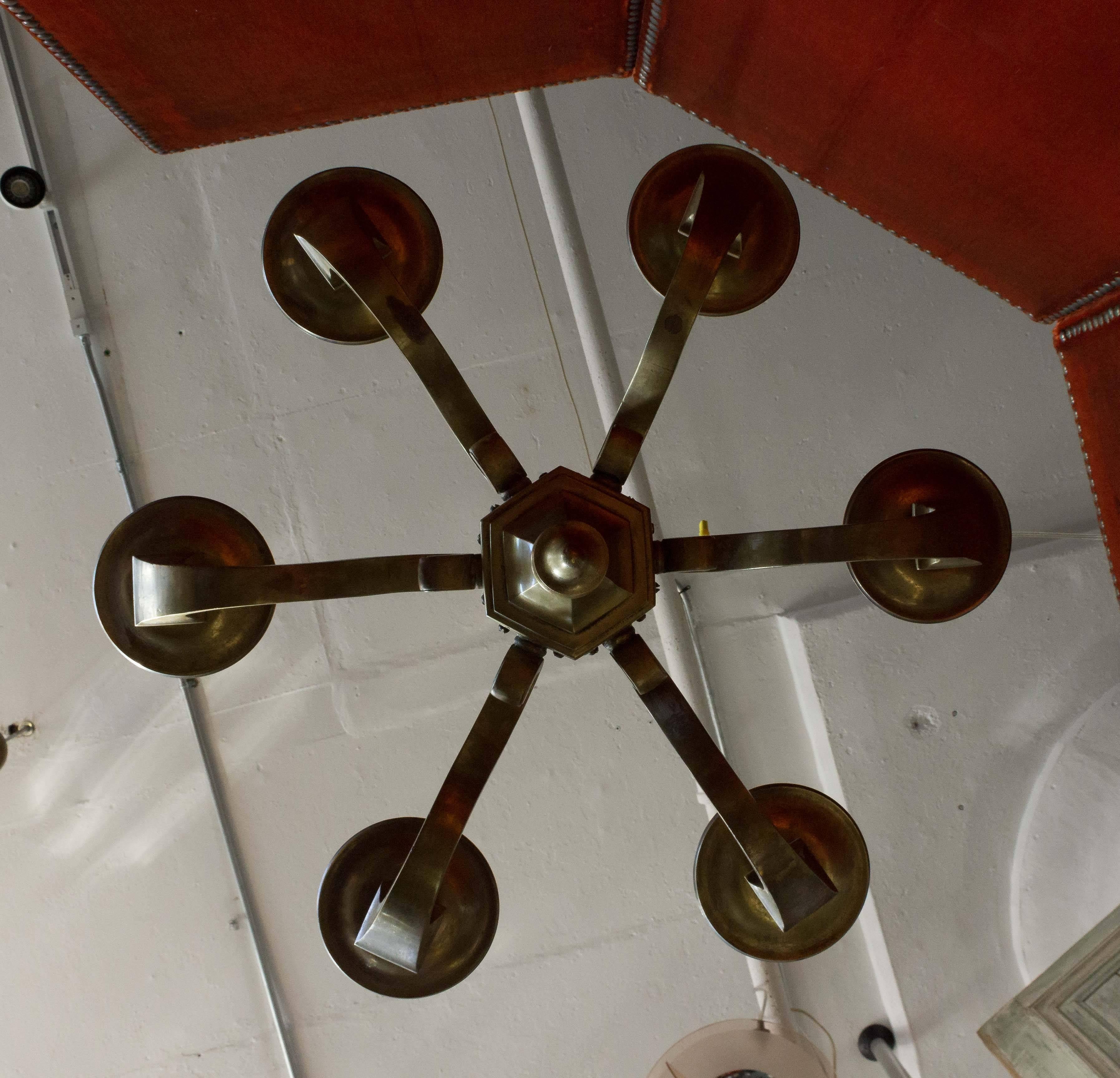 French 1940s Bronze Six-Armed Chandelier For Sale 3