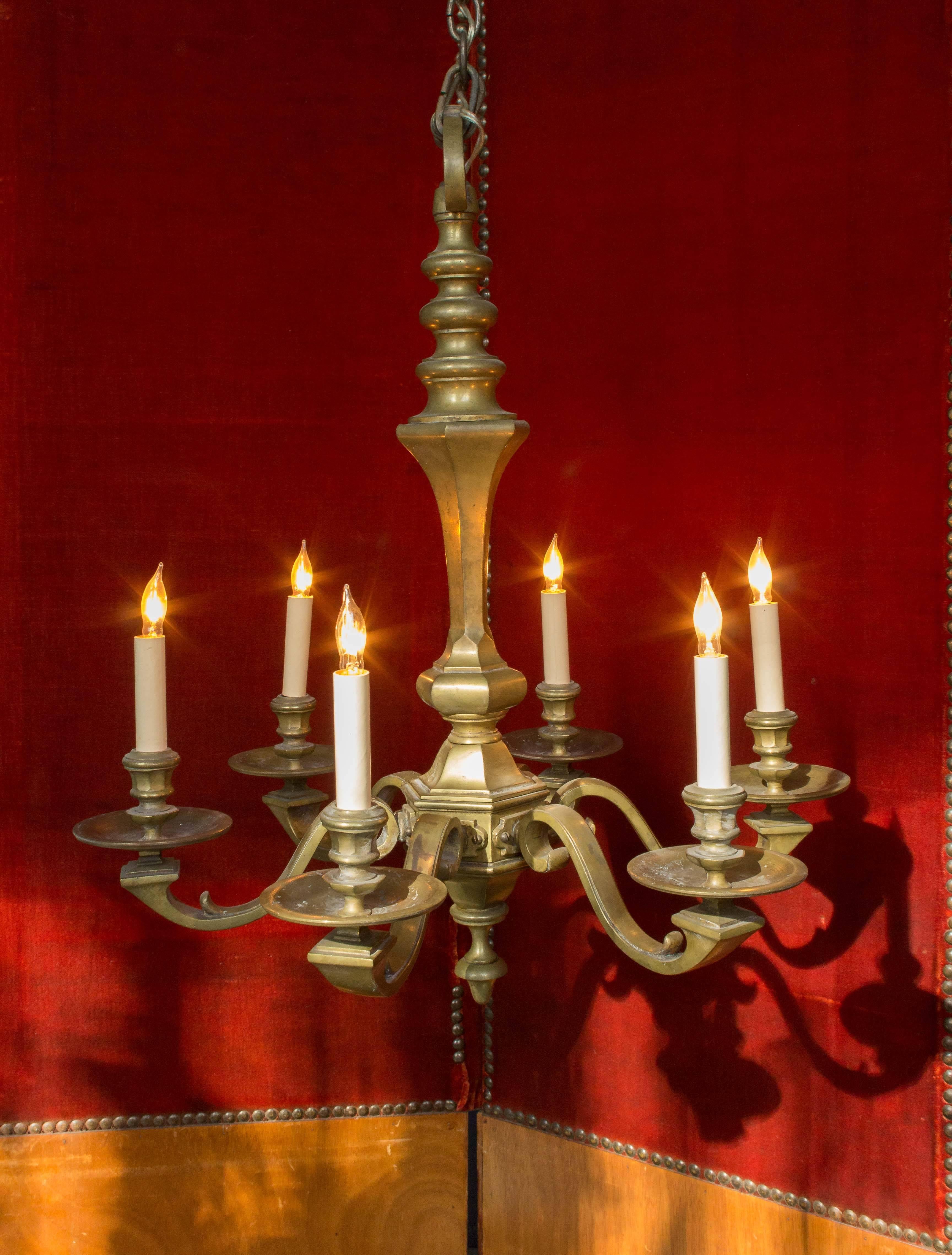 French 1940s Bronze Six-Armed Chandelier For Sale 2