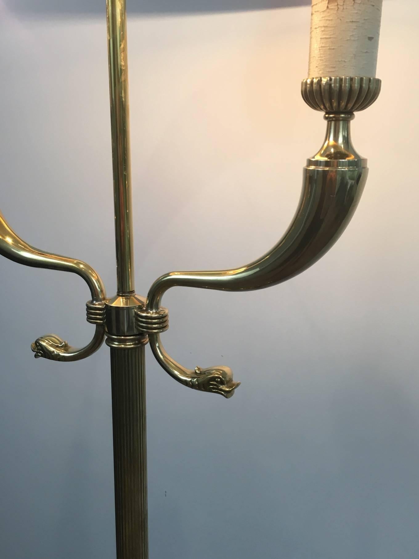 Brass Floor Lamp with Dolphin Heads, Attributed to Maison Jansen 1