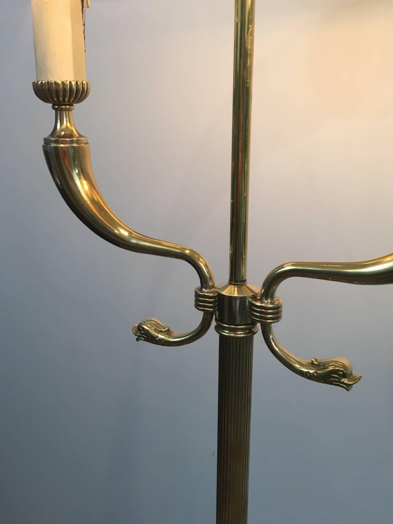 Mid-20th Century Brass Floor Lamp with Dolphin Heads, Attributed to Maison Jansen