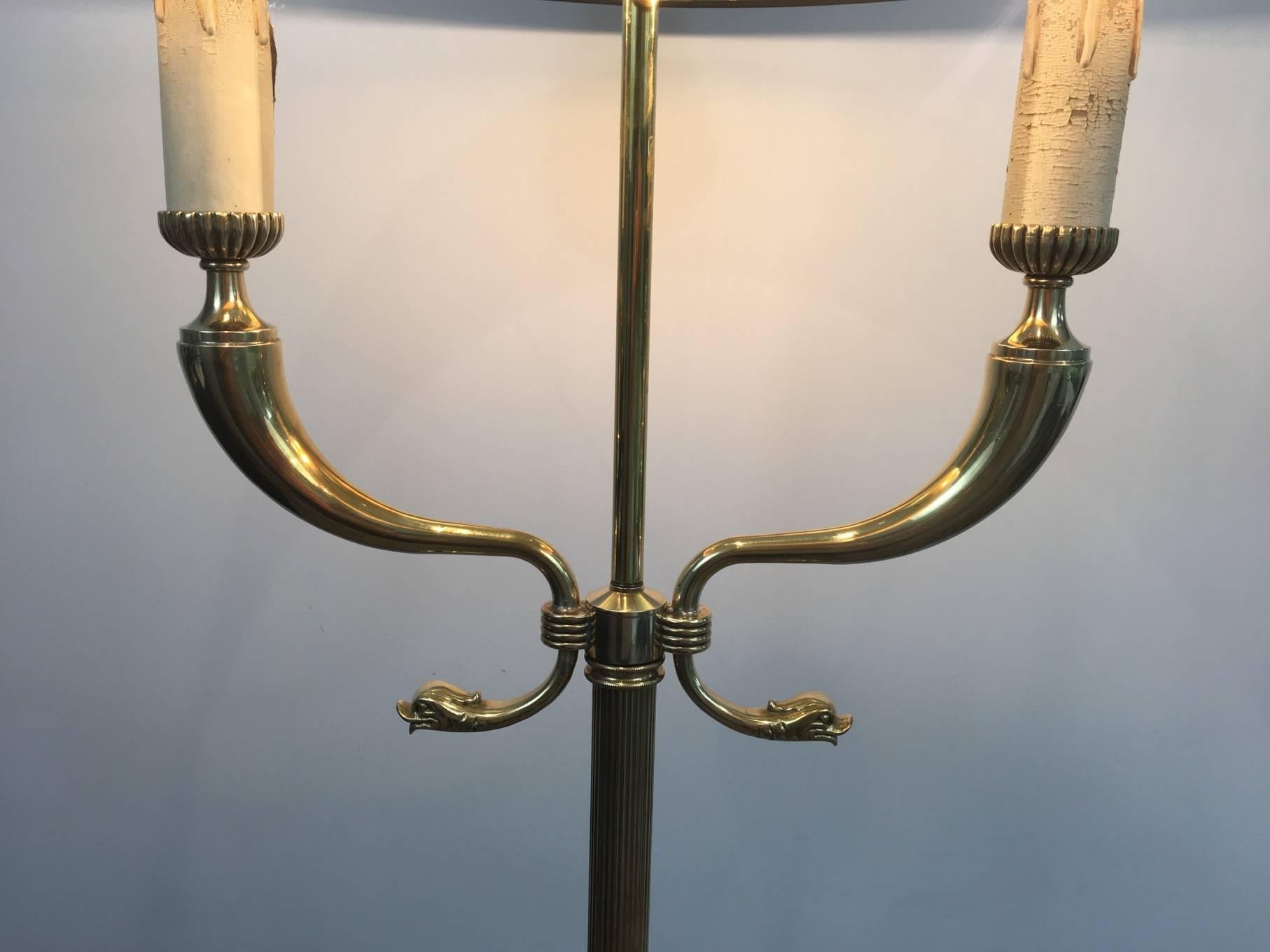 French Brass Floor Lamp with Dolphin Heads, Attributed to Maison Jansen