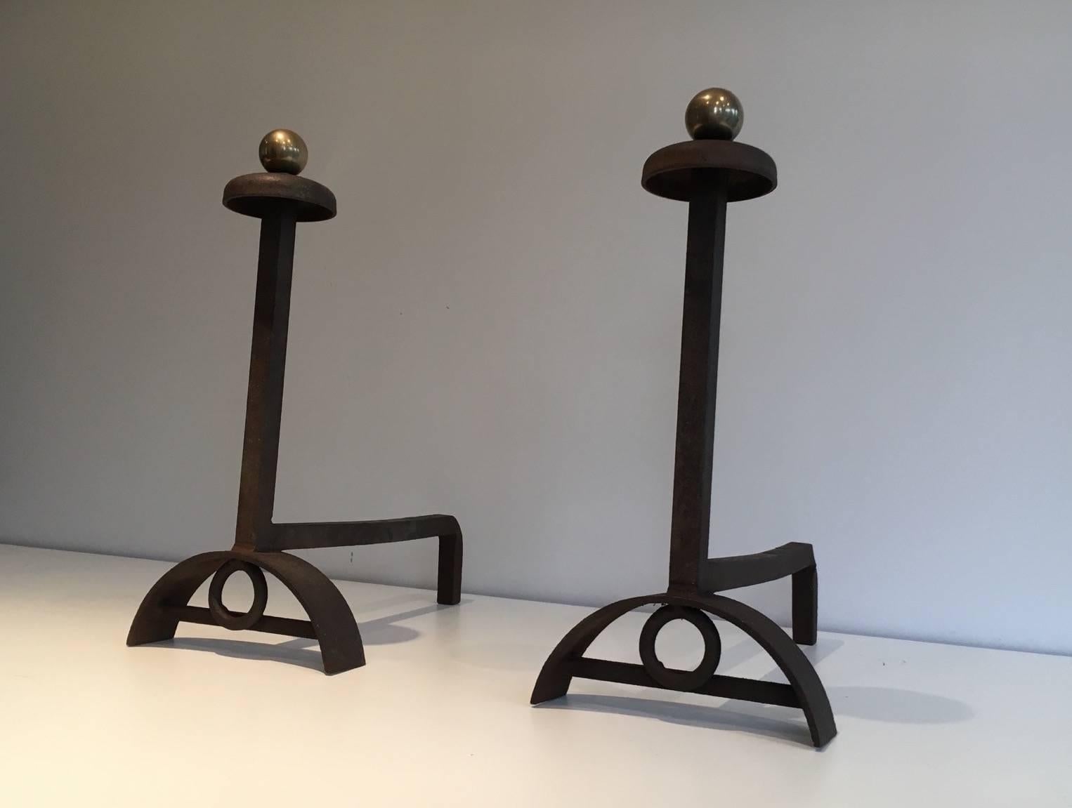 Pair of Modernist Brushed Steel and Brass Andirons In Excellent Condition In Buchanan, NY