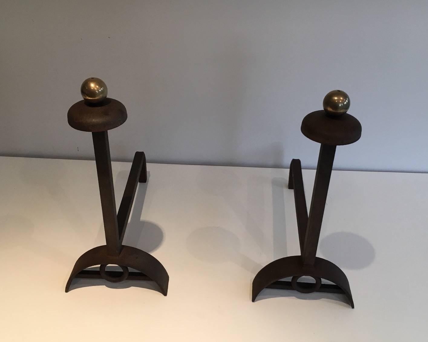 Mid-20th Century Pair of Modernist Brushed Steel and Brass Andirons