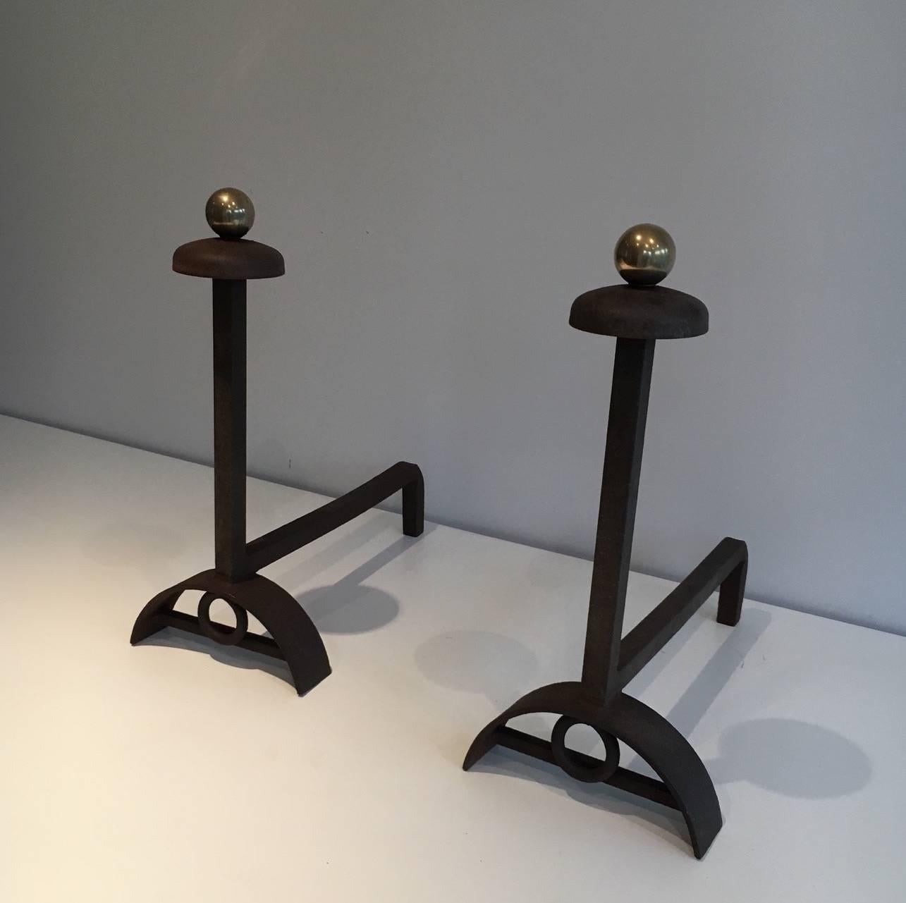 Pair of Modernist Brushed Steel and Brass Andirons 4
