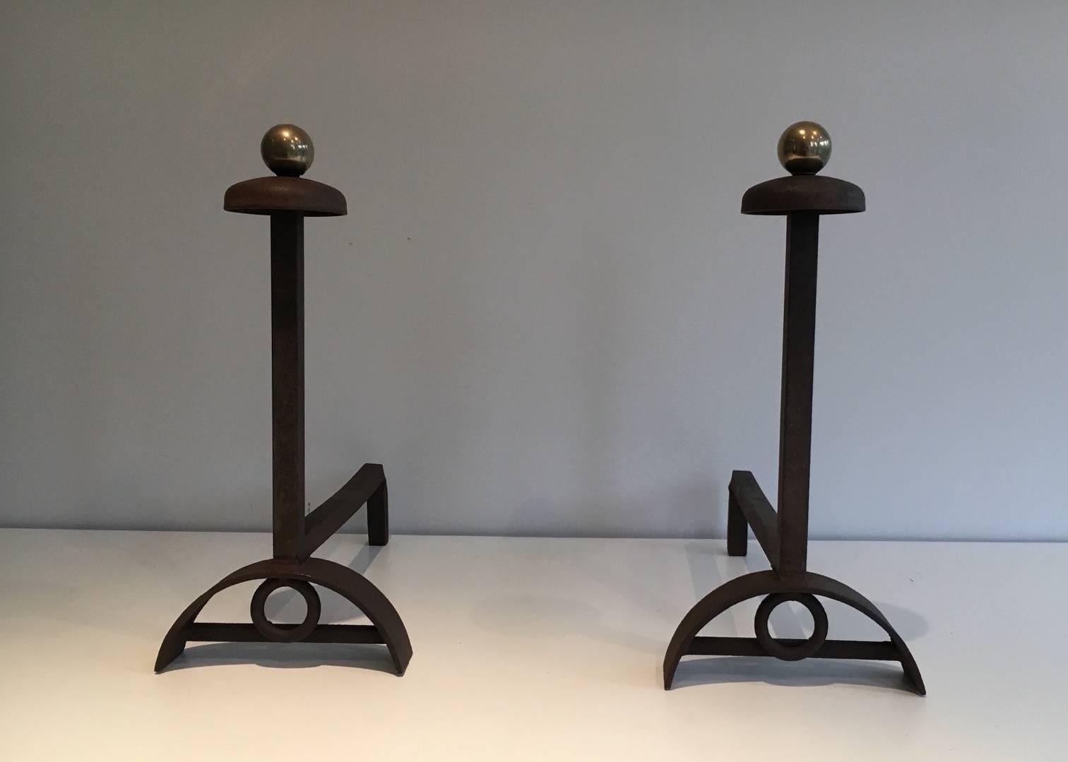 French Pair of Modernist Brushed Steel and Brass Andirons